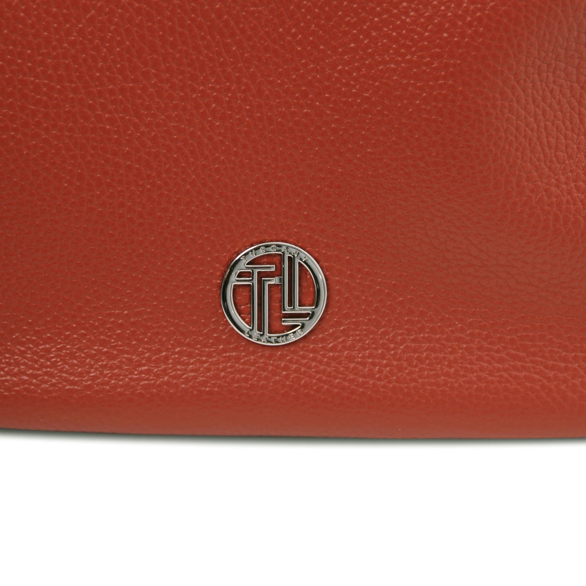 Front silver Tuscany Leather TL logo view Charlotte Soft Italian Leather Shoulder bag in terracotta