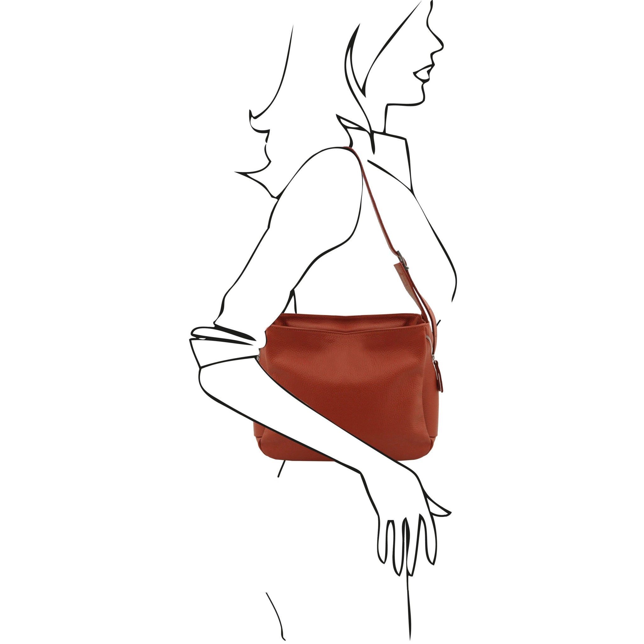A black and white sketch of model holding the Charlotte Soft Italian Leather Shoulder bag in terracotta on her left shoulder