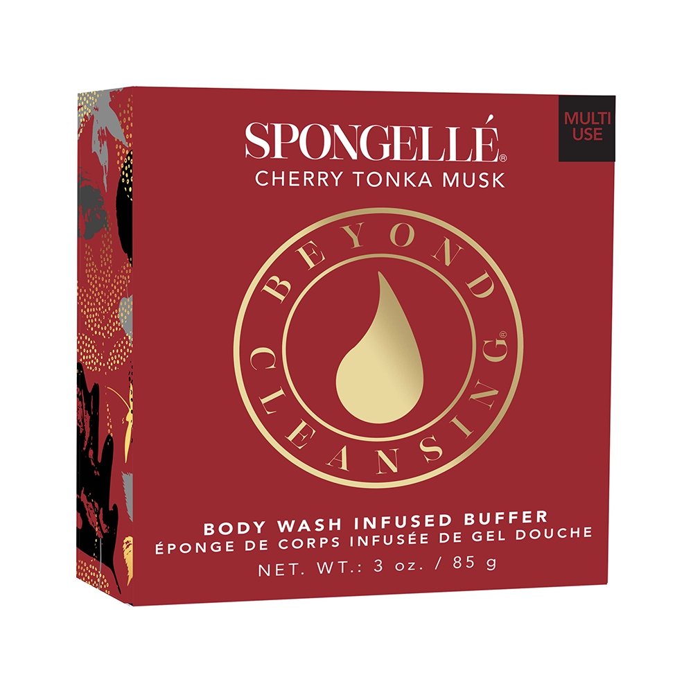 Cherry Tonka Musk Body Buffer red packaging box with white and gold lettering, shown closed on a white surface.