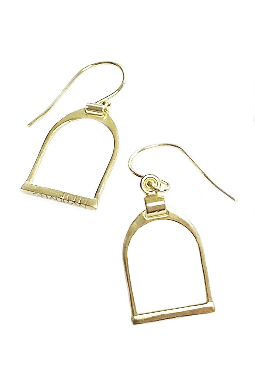 Classic English Stirrup Earrings in Gold on a white background