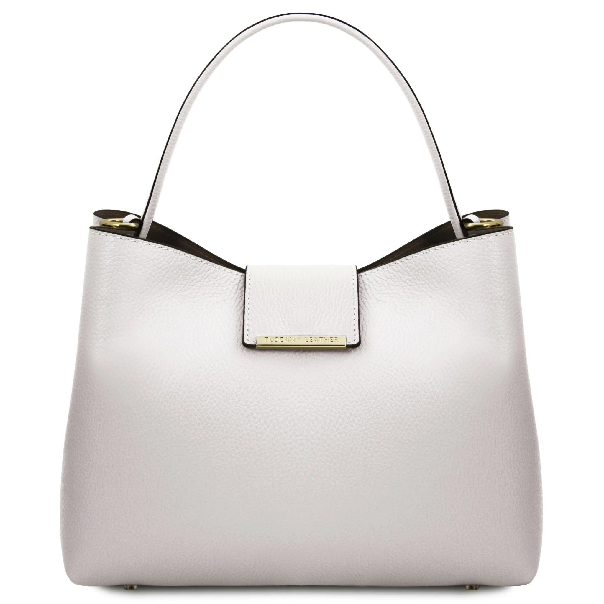 Clio Italian Pebbled Leather Secchiello Bag in White Front of Bag showing Magnetic closure and handle