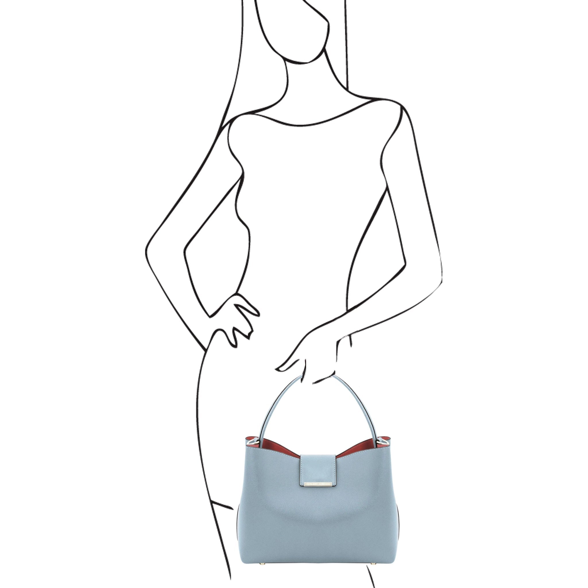 Black sketch on white background of woman holding the Pebbled Leather Secchiello Bag in Light Blue