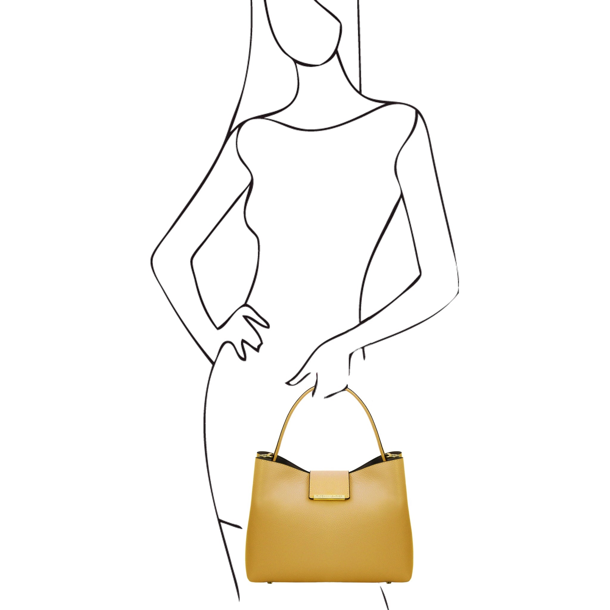 Black sketch on white background of Female model standing, holding the Pebbled Leather Secchiello Bag in Pastel Yellow