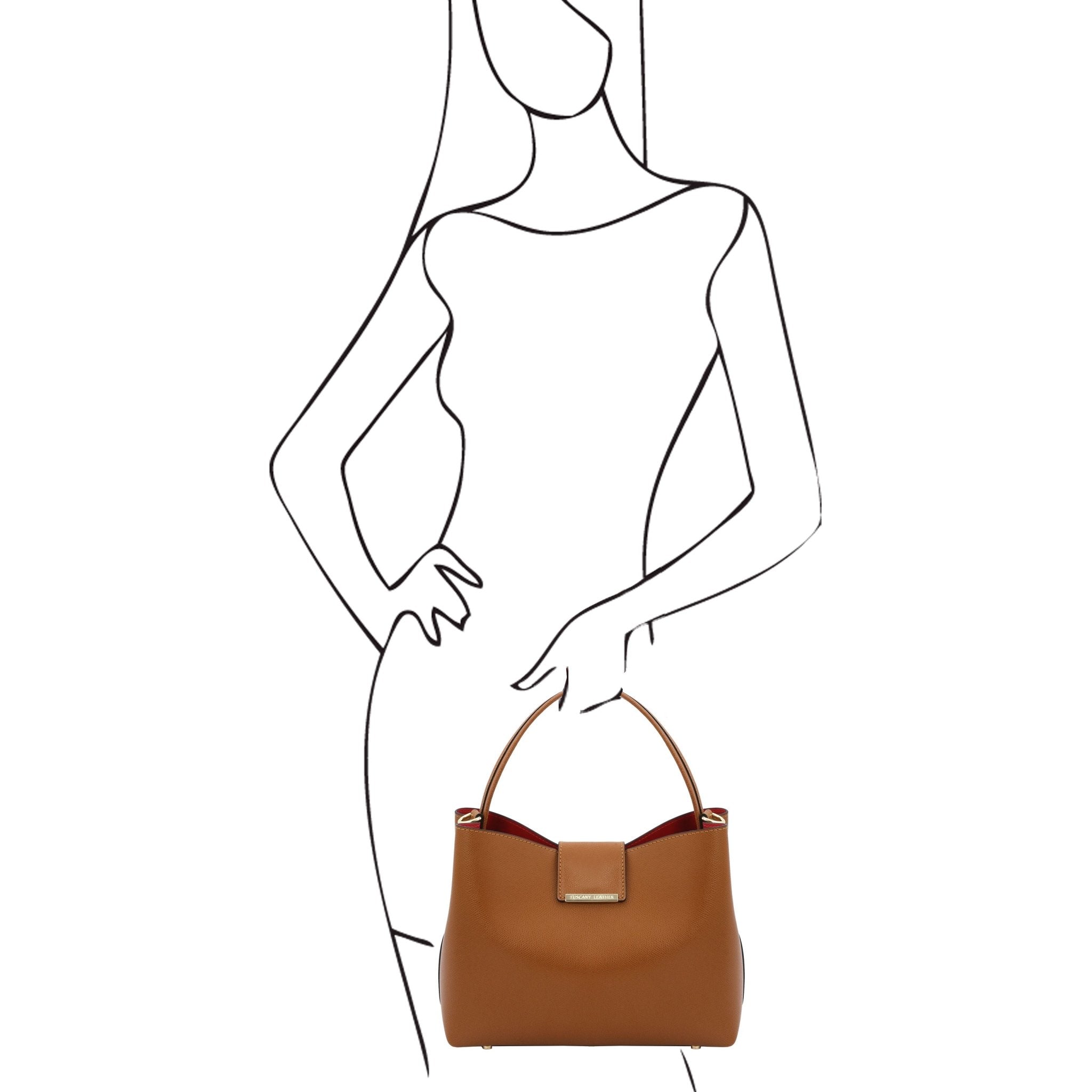 Black sketch of woman on white holding Clio Leather Secchiello Bag in cognac