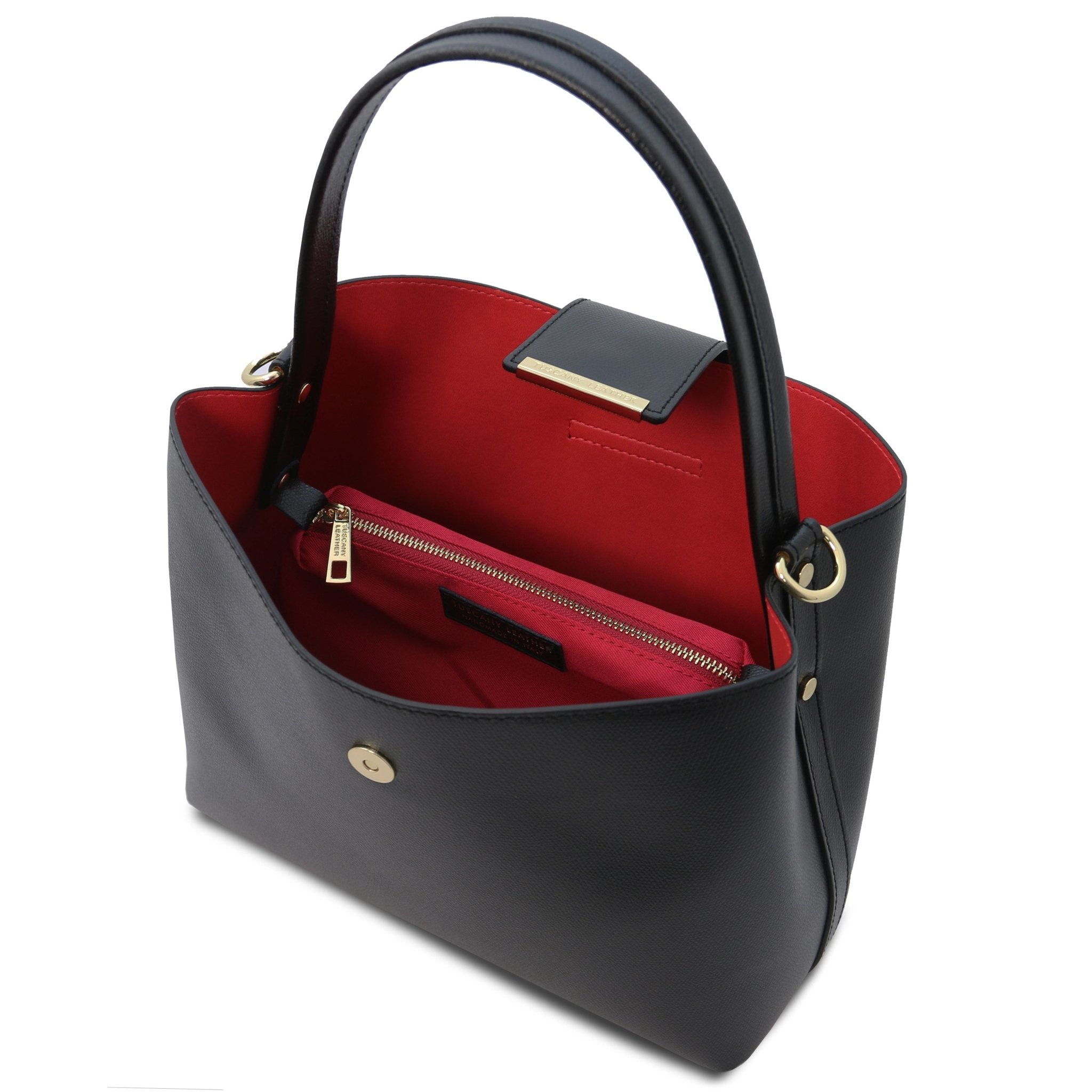 Clio Italian Pebbled Leather Secchiello Bag in black, view central zip compartment, magnetic button closure and red lining