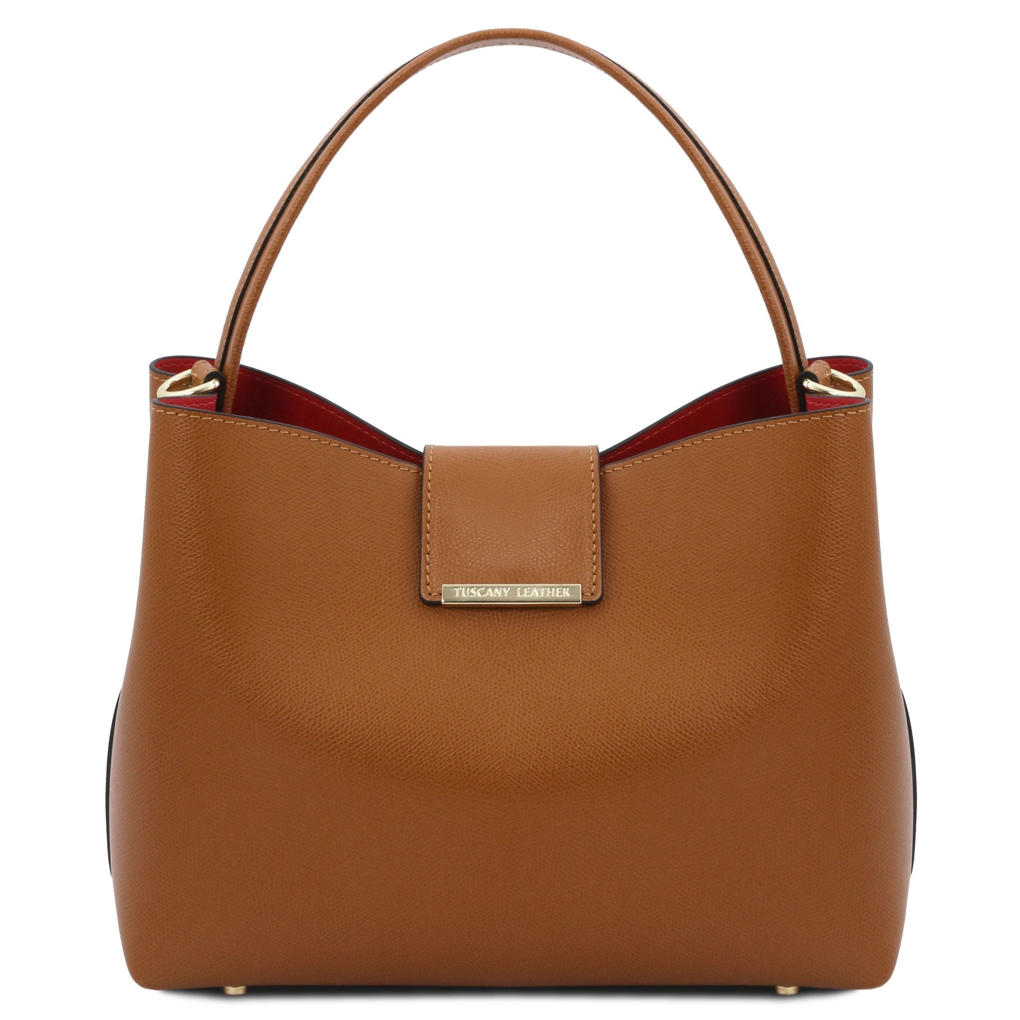 Front View of Clio Leather Secchiello Bag i cognac showing handle