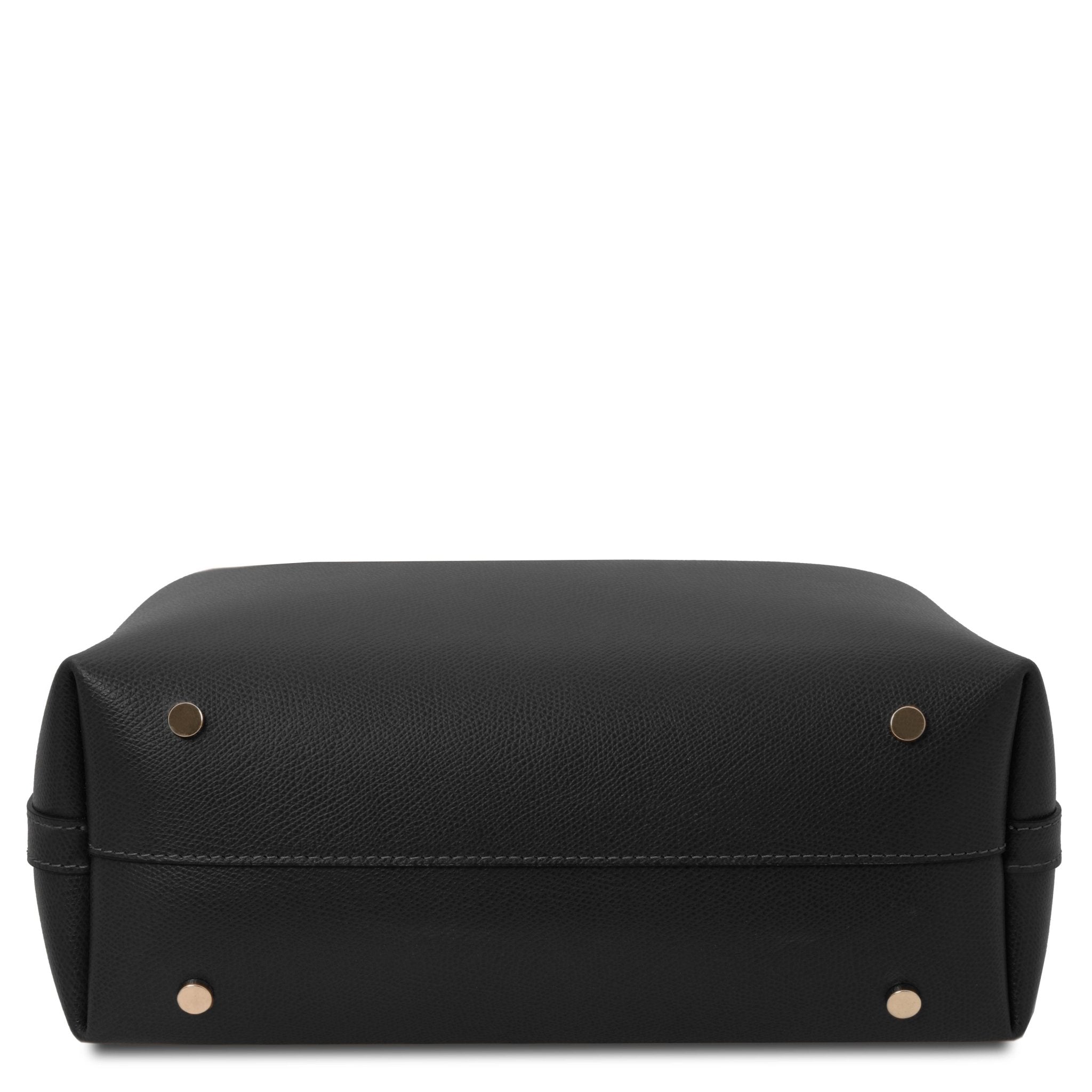 Clio Italian Pebbled Leather Secchiello Bag in Black showing bottom of bag with four protective gold feet