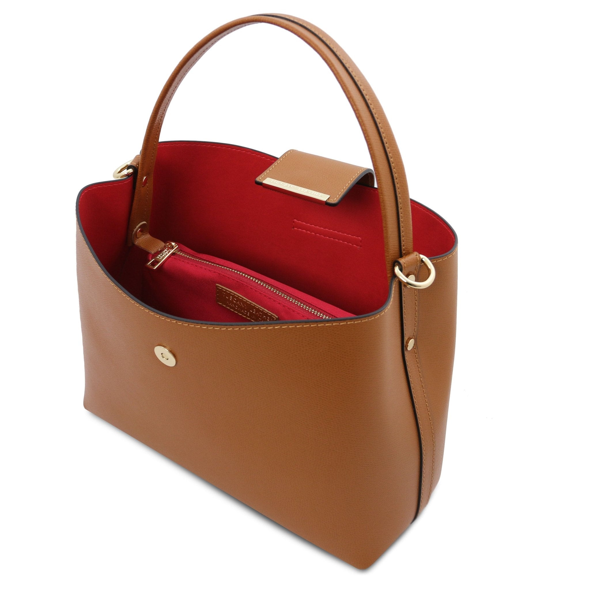 Clio Italian Pebbled Leather Secchiello Bag in Cognac, view central zip compartment, magnetic button closure and red lining