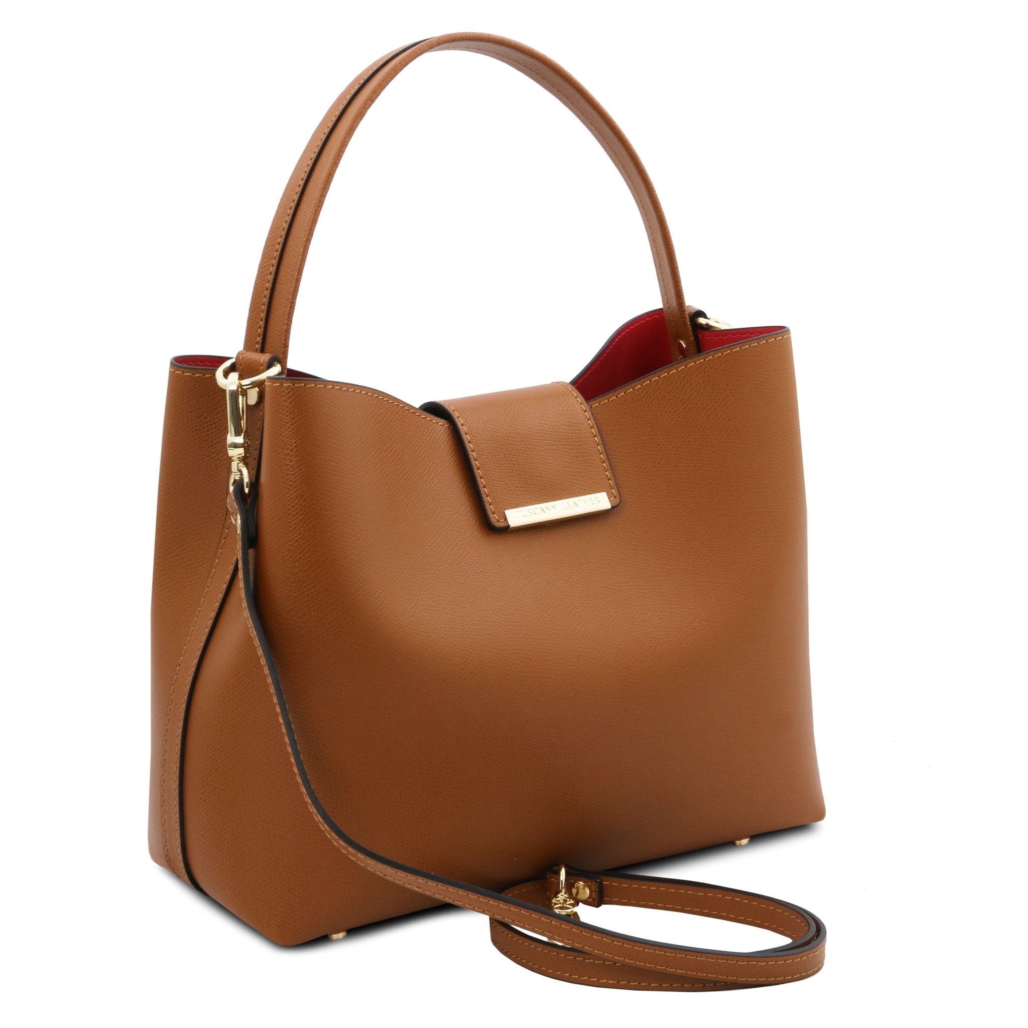 Front Angled View Clio Italian Pebbled Leather Secchiello Bag in cognac showing detachable shoulder strap