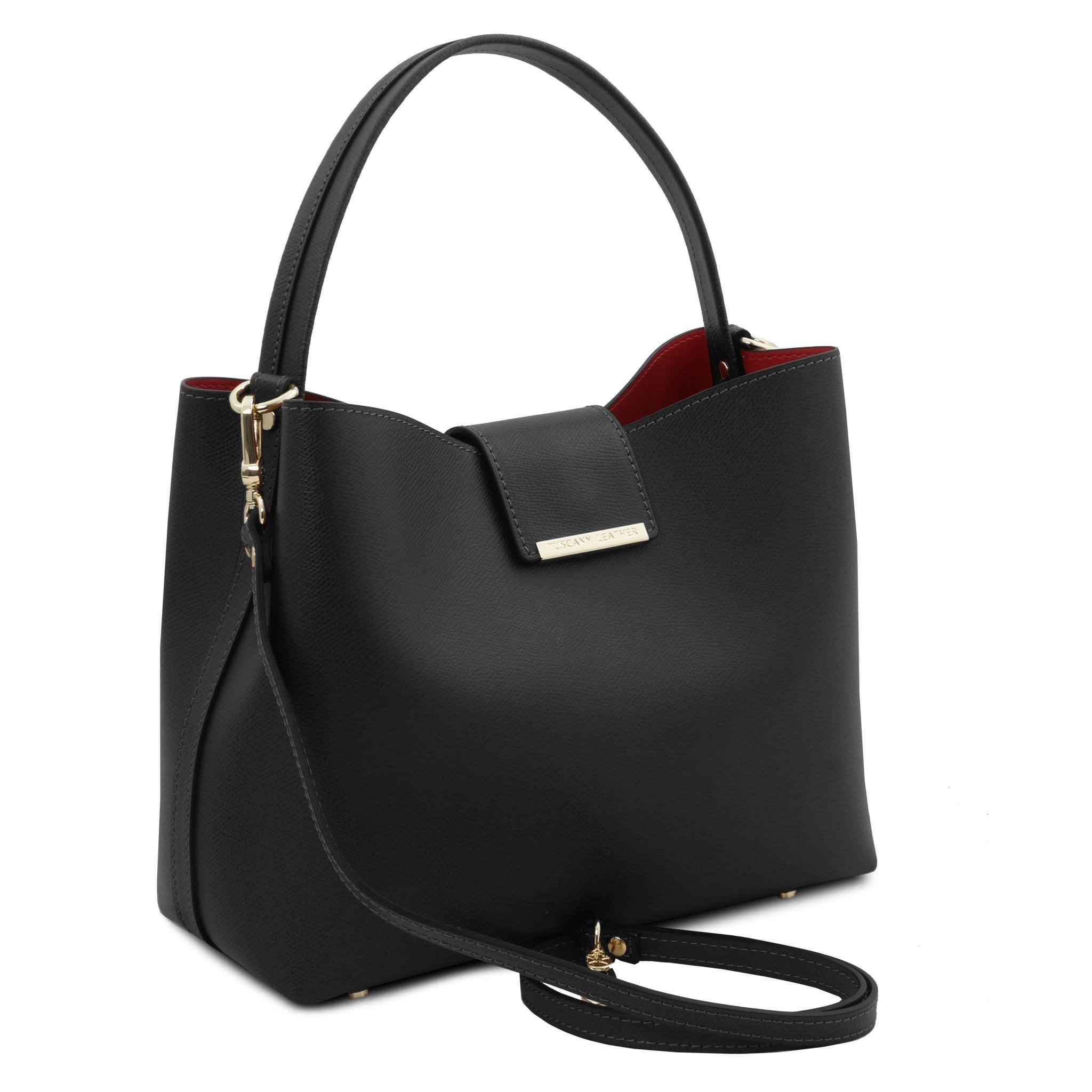 Front Angled View Clio Italian Pebbled Leather Secchiello Bag in black showing detachable shoulder strap