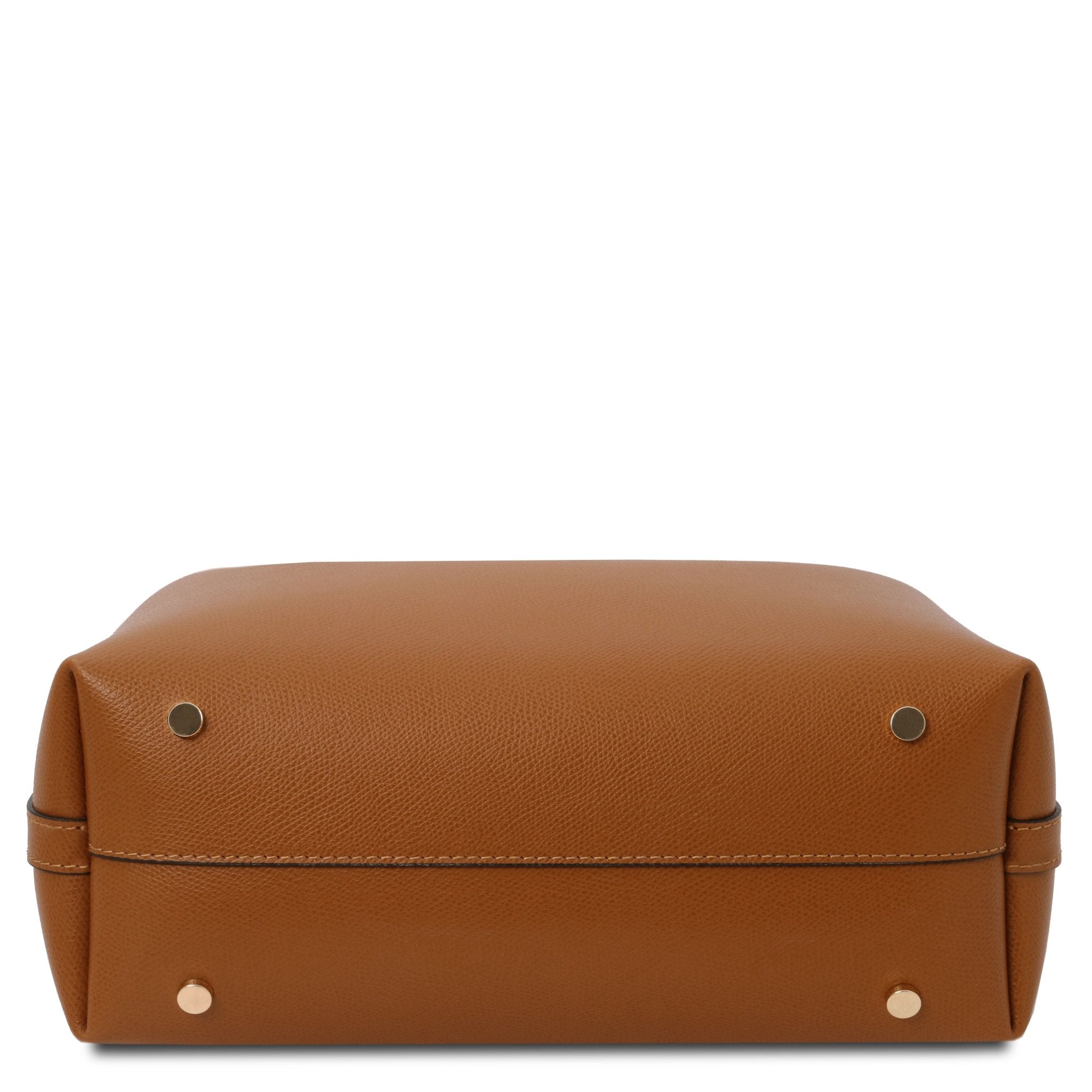 Clio Italian Pebbled Leather Secchiello Bag in Cognac showing bottom of bag with four protective gold feet