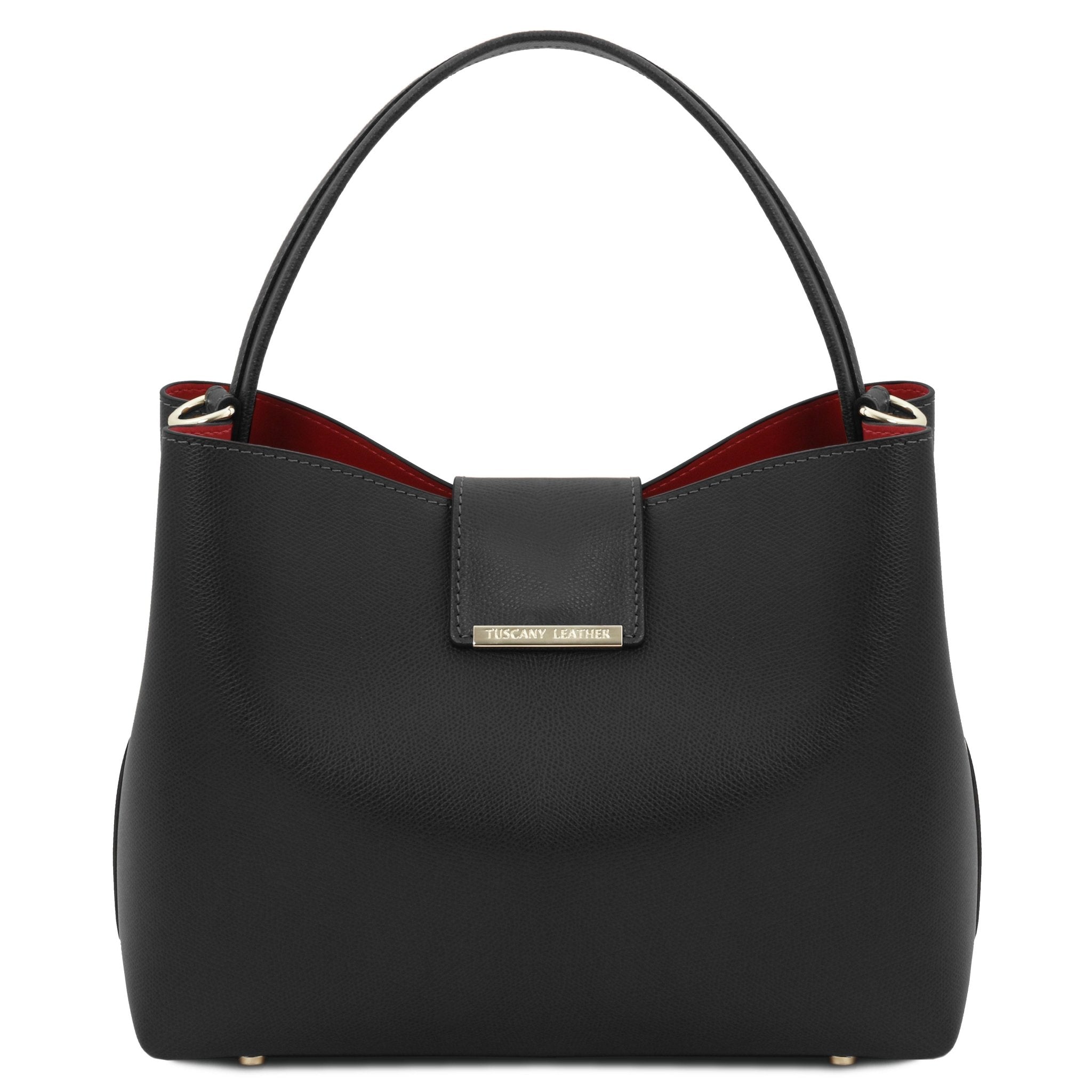 Front View of Clio Leather Secchiello Bag in Black showing top handle and vibrant red interior