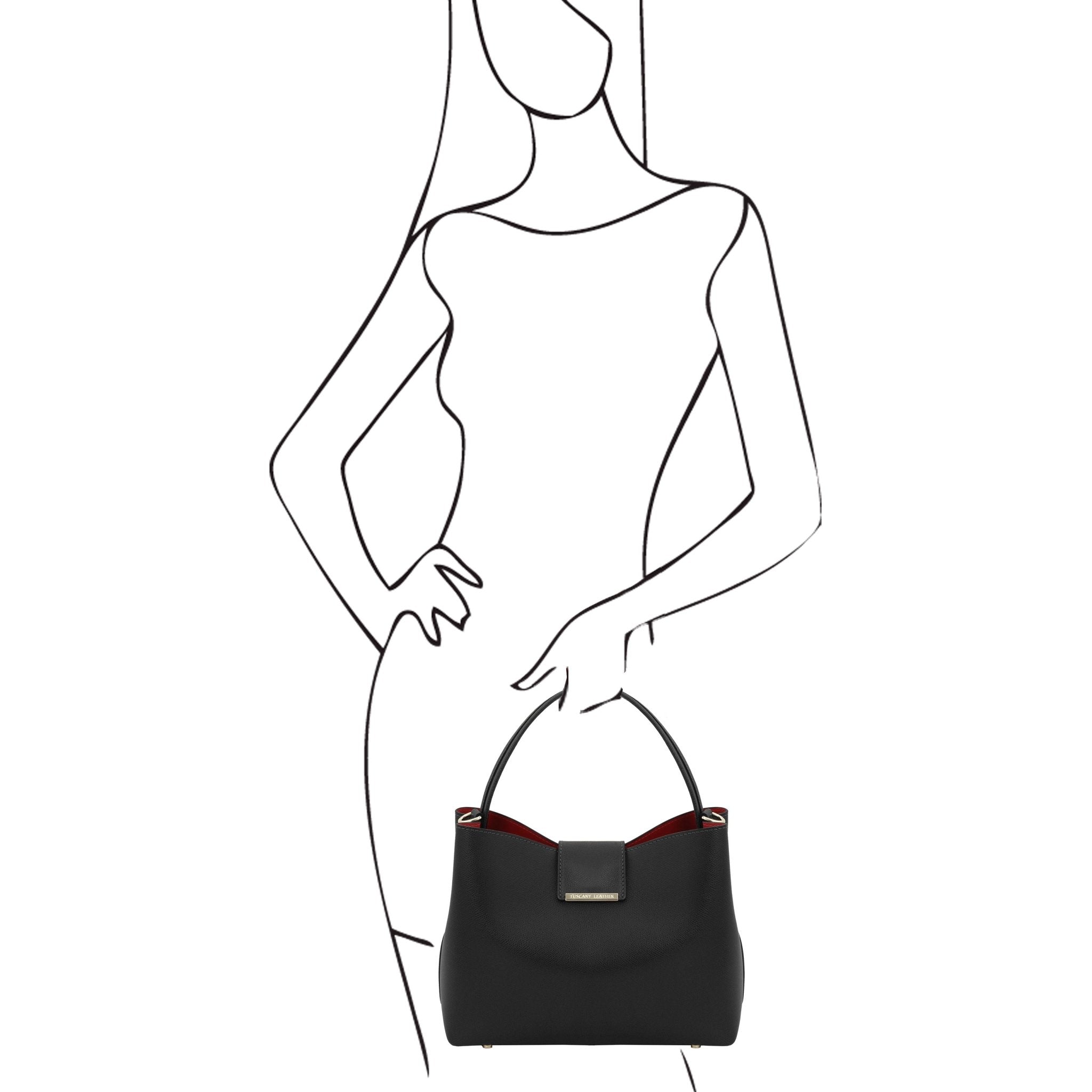 Black sketch of woman on white background, holding Clio Leather Secchiello Bag in black
