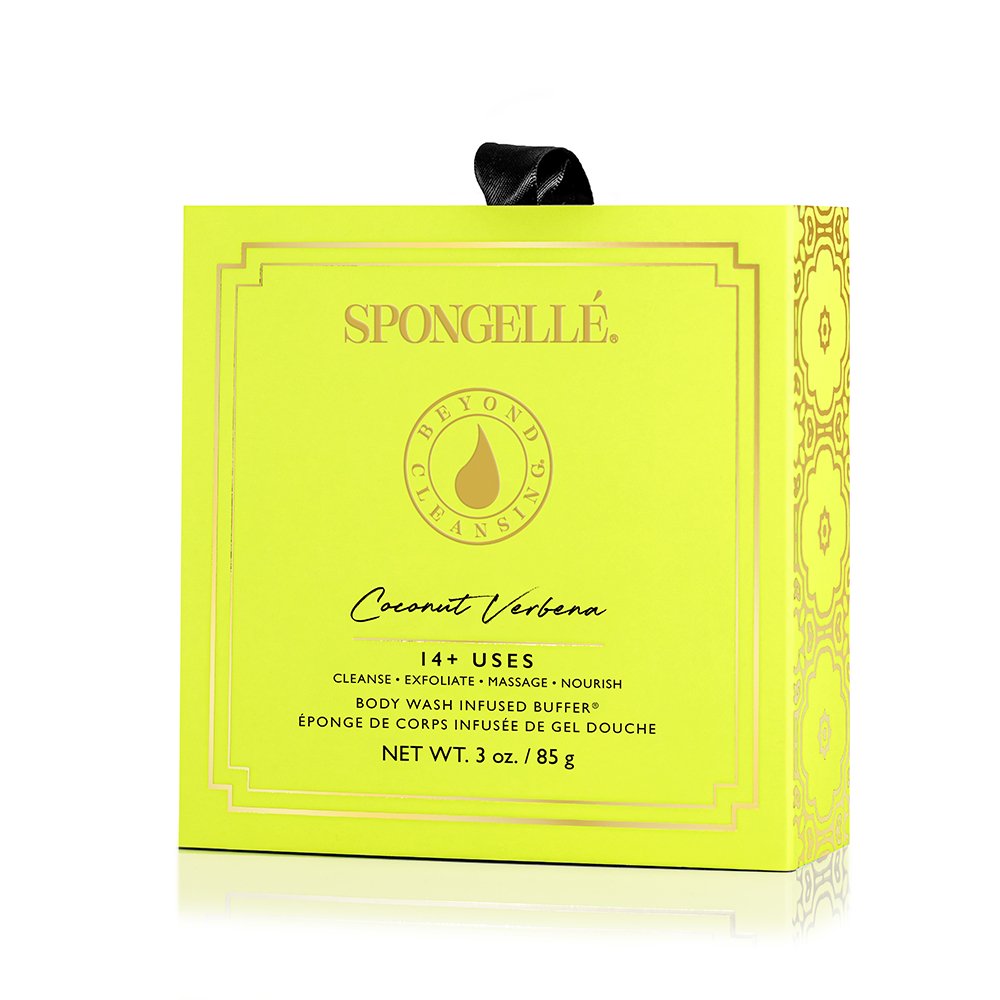 Front view Coconut Verbena Flower Spa Body Buffer bright yellow box