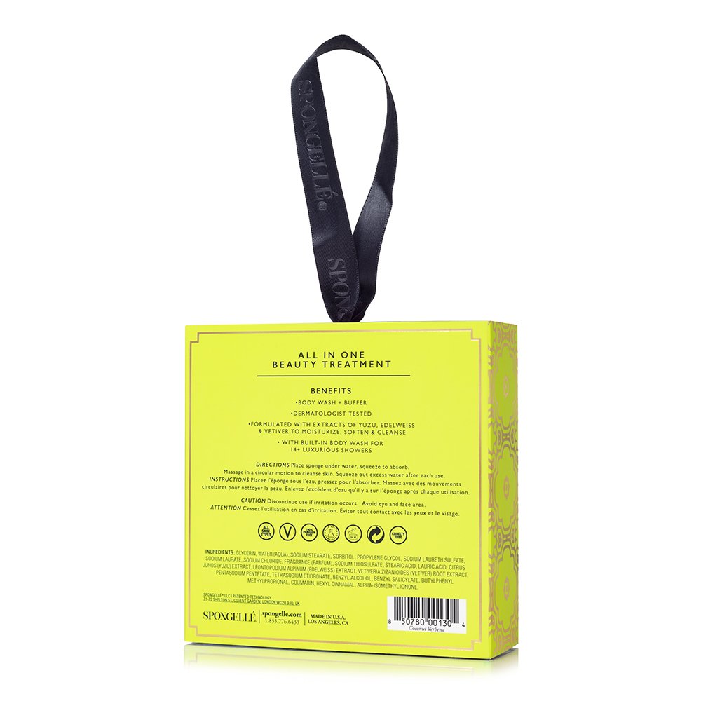 Back view Coconut Verbena Flower Spa Body Buffer bright yellow box