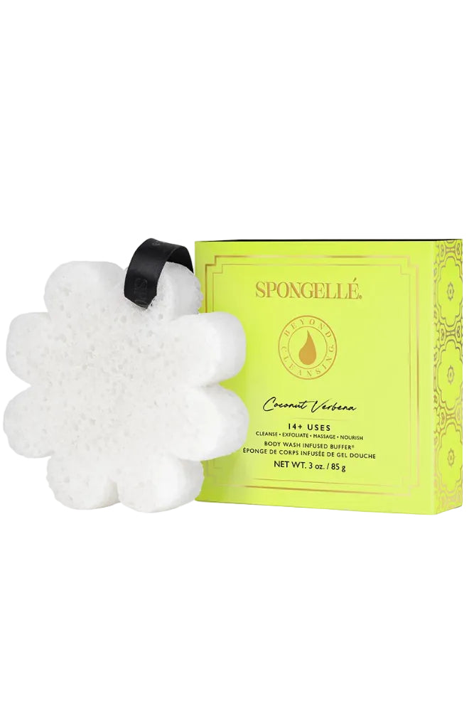 8-petal white shape sponge, shown next to a bright yellow packaging box