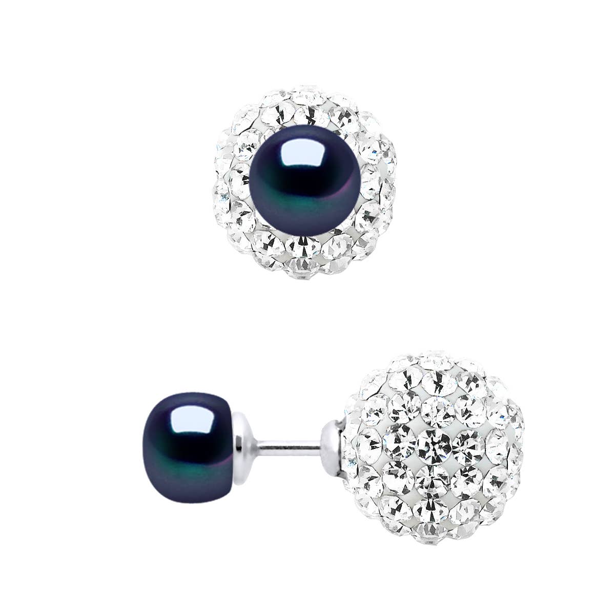 Crystal Black Pearl Luster Reversible Earrings on a white background