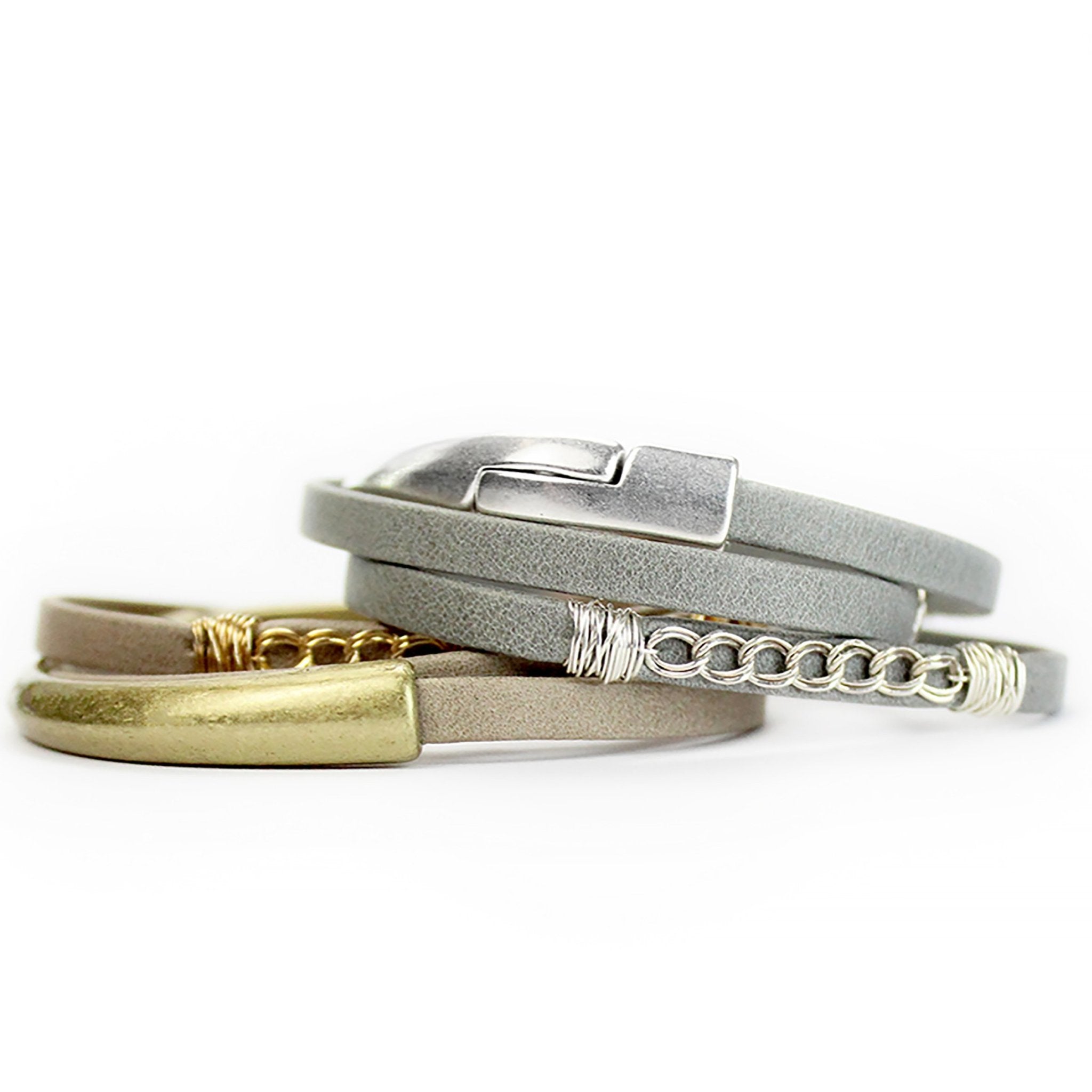 Curb Leather Triple Wrap Magnetic Bracelets in gold and silver on white