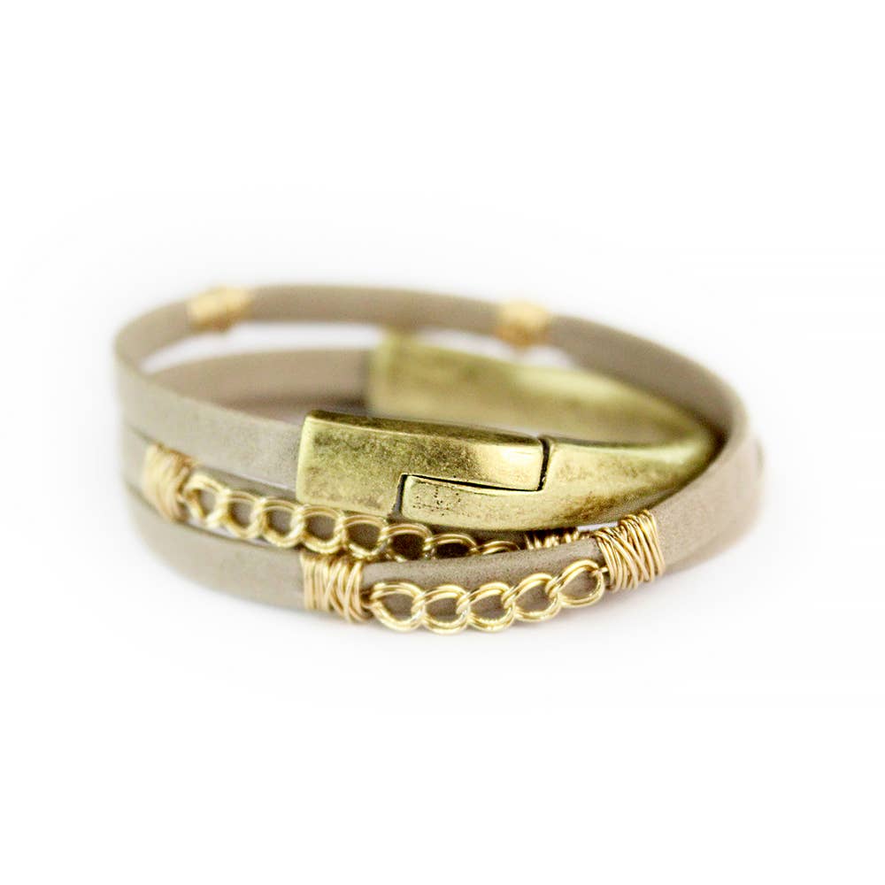 Curb Leather Triple Wrap Magnetic Bracelets in Tan on white background- L'Atelier Global