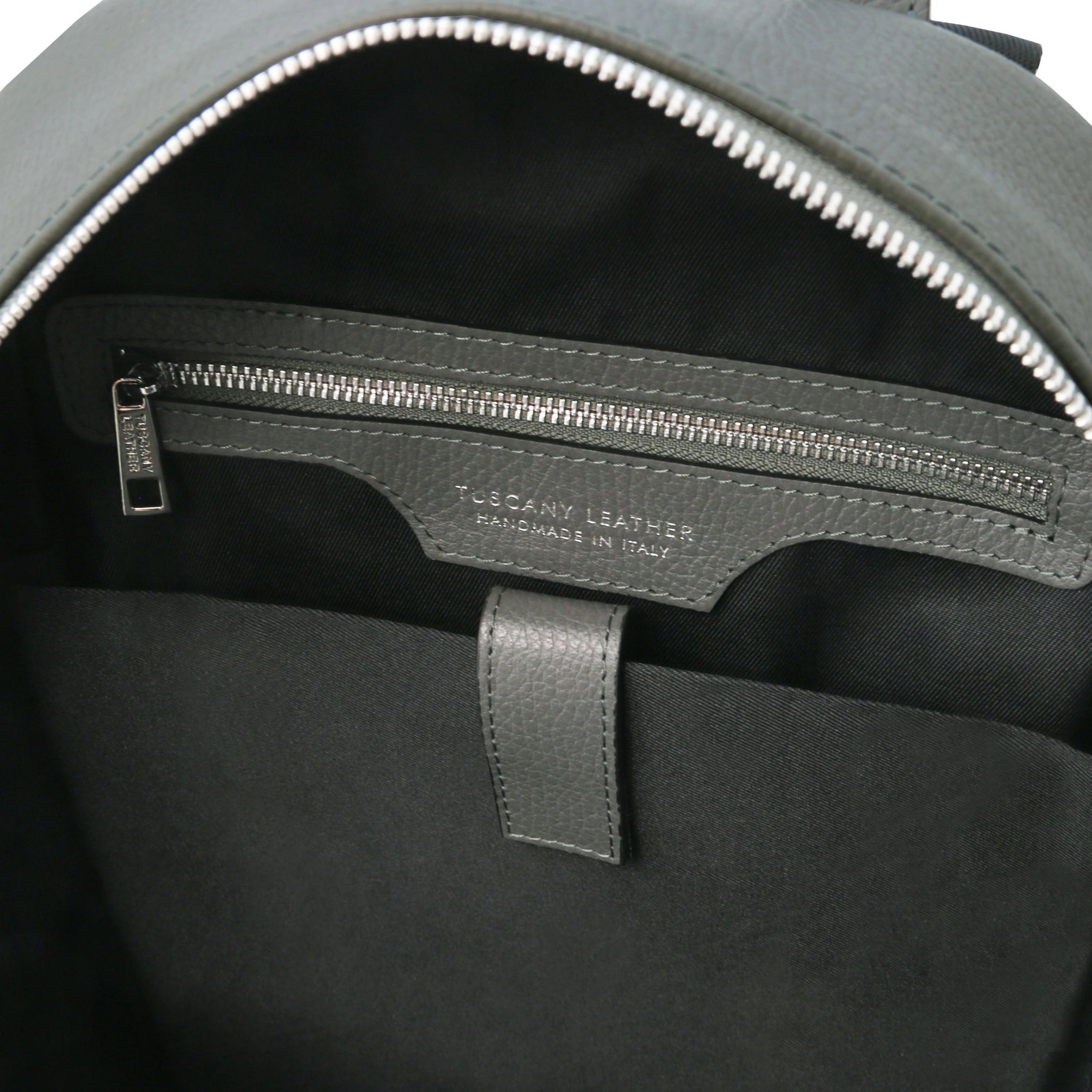 Interior zippered pocket view Dakota Soft Italian Leather Backpack in gray on a white background - L'Atelier Global