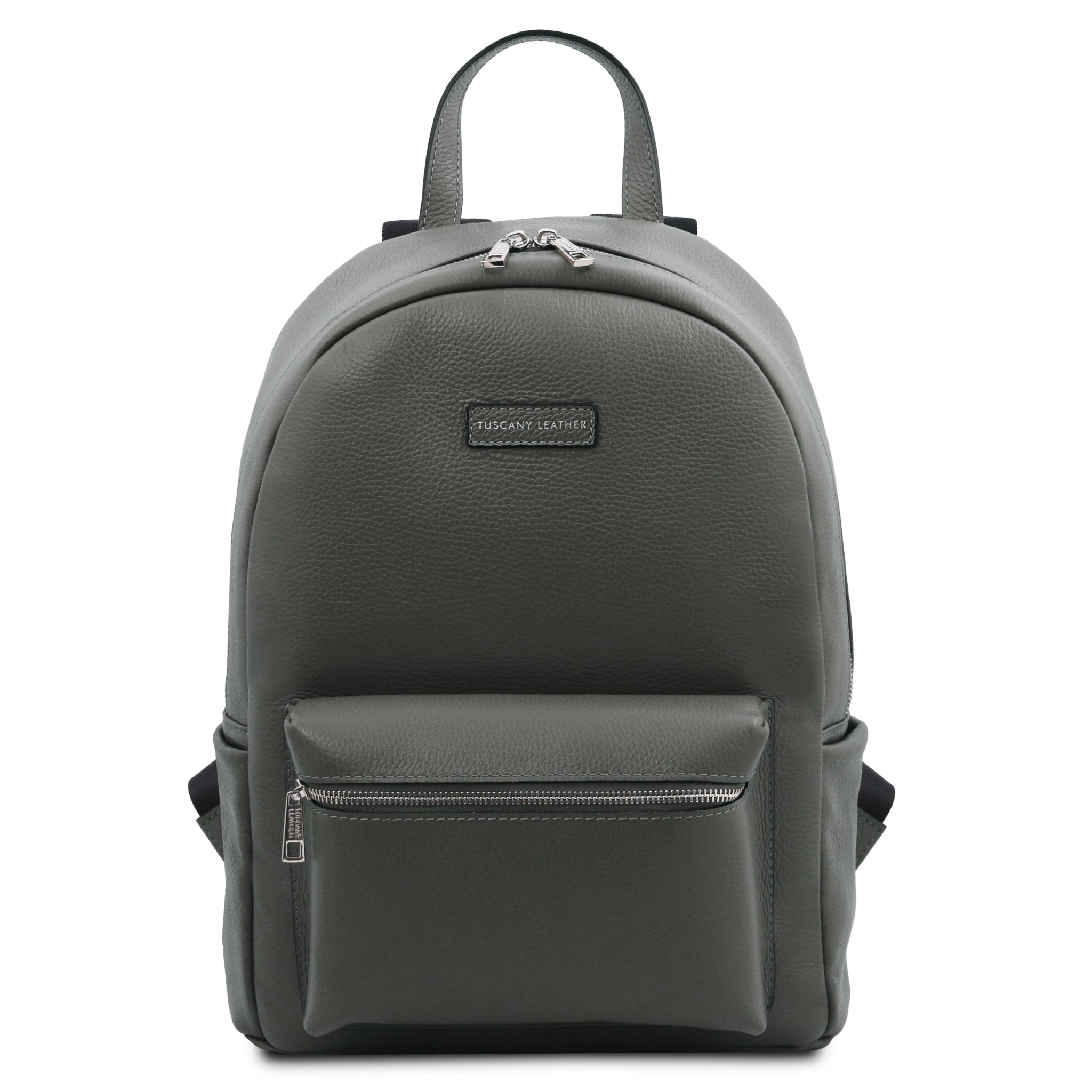 Front view Dakota Soft Italian Leather Backpack in gray on a white background  L'Atelier Global