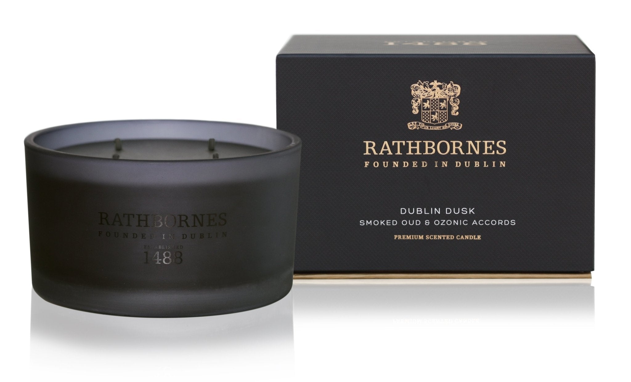 Dublin Dusk Luxury Beeswax black Candle and black box on a white background