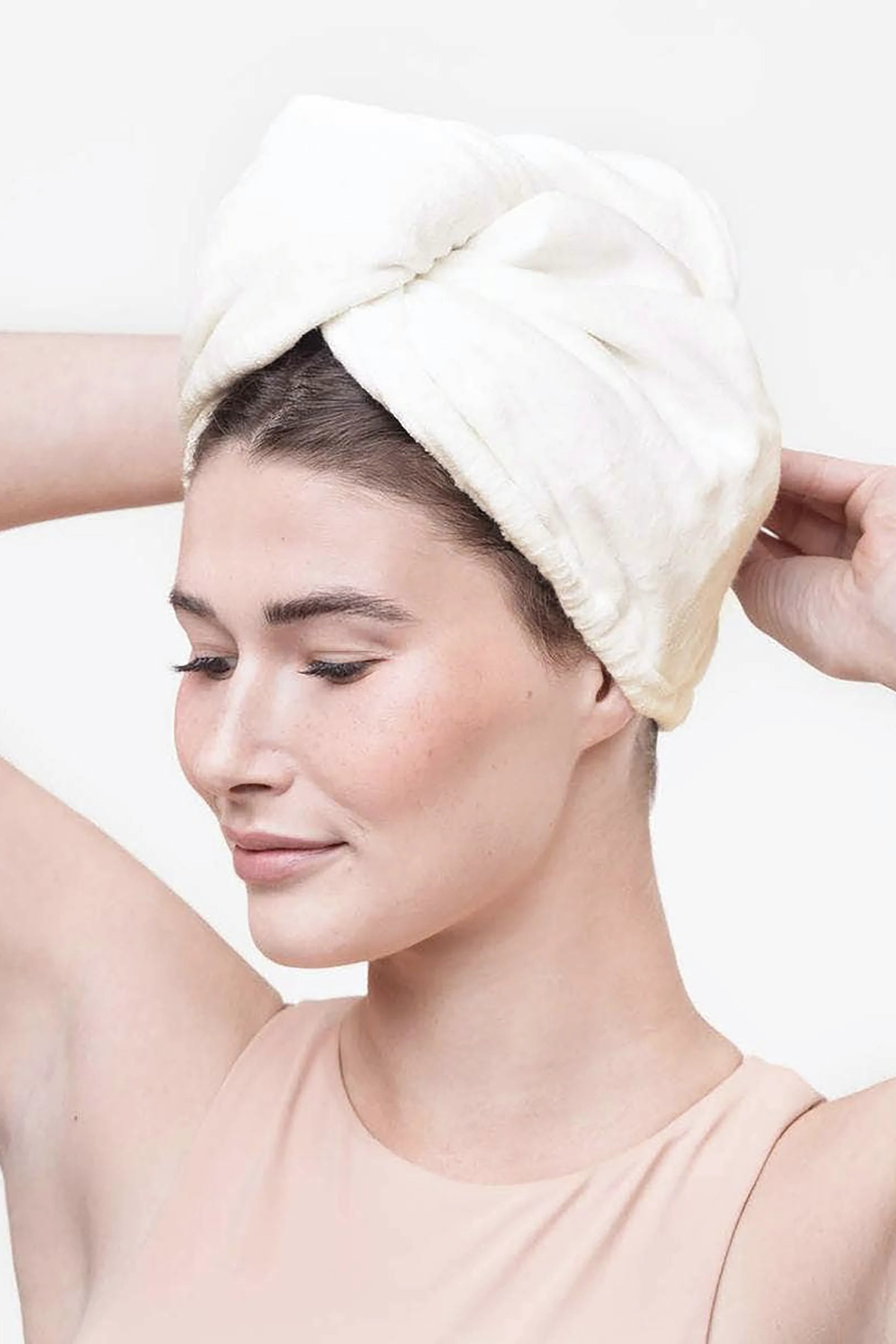 Eco-Friendly Microfiber Hair Towel in ivory on a model