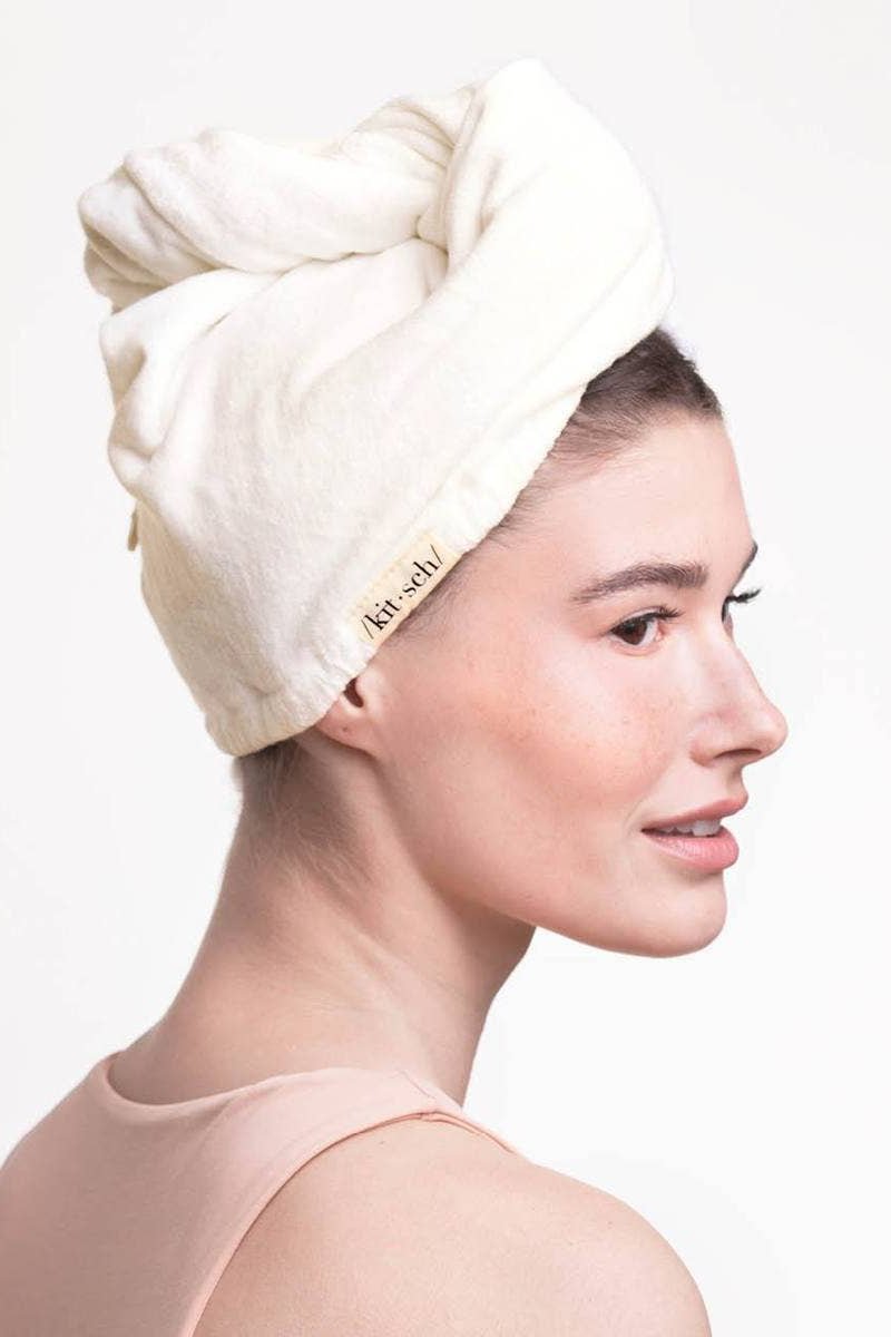 Eco-Friendly Microfiber Hair Towel in ivory on a model - L'Atelier Global