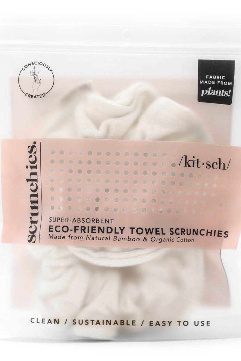 Eco-Friendly Towel Scrunchies in ivory in package on a white background