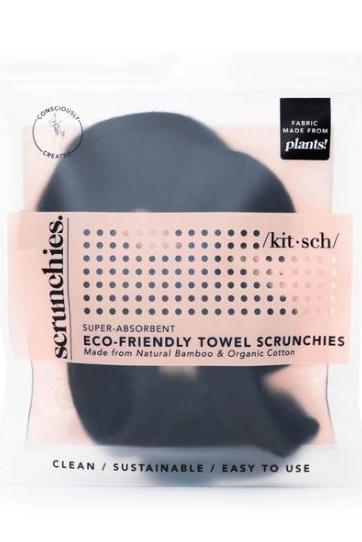 Eco-Friendly Towel Scrunchies in black in package on a white background