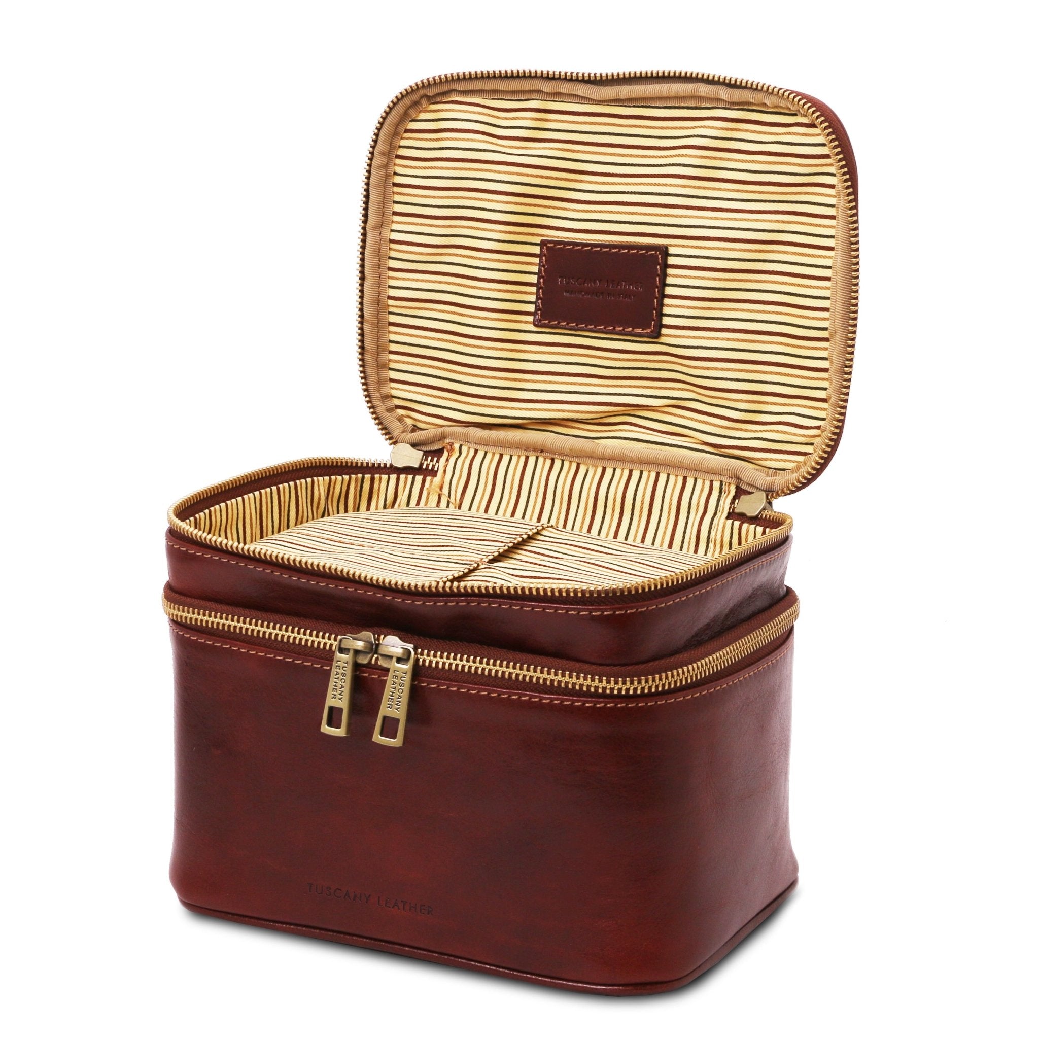 Eliot Leather Toilet Bag Brown on a white background with the top compartment unzipped and opened - L'Atelier Global