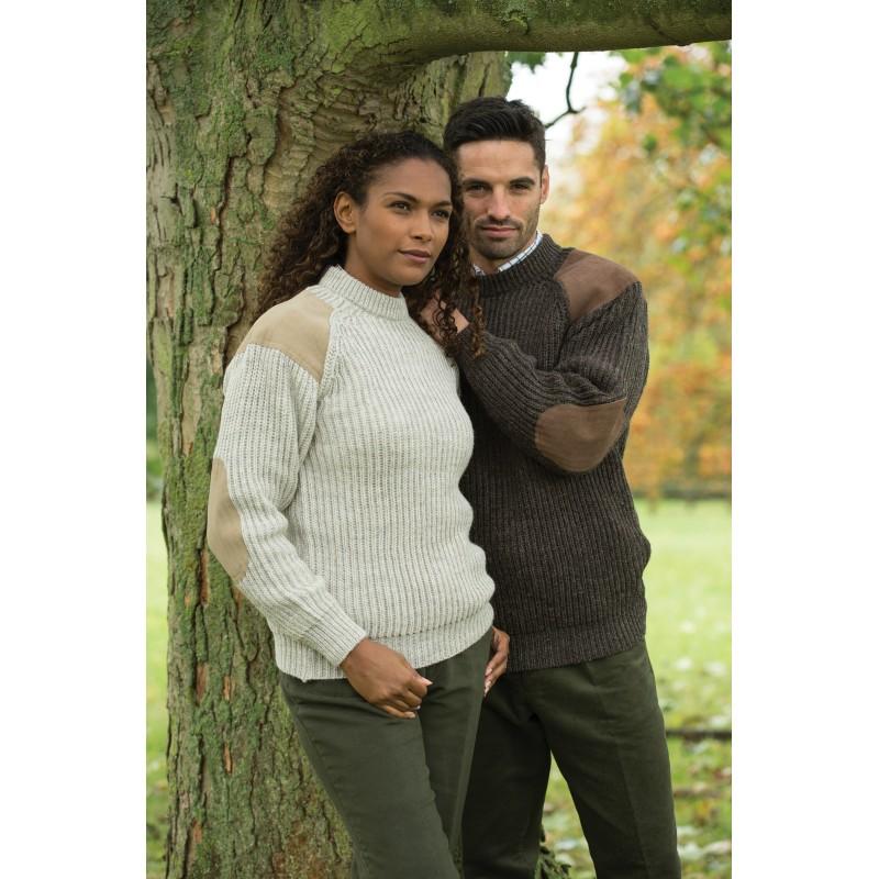 Light Grey Welsh Crew Sweater on female model and Dark Grey Welsh on male Model