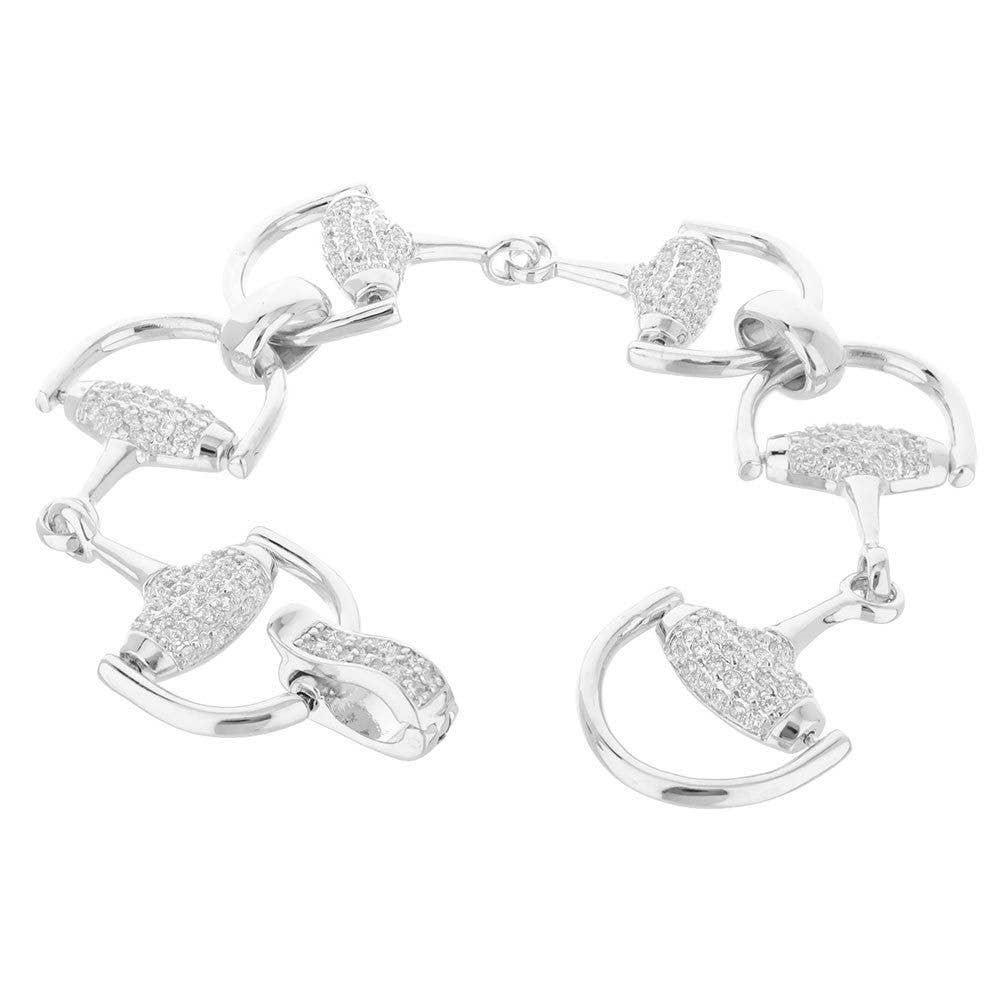 Equestrian Link Bracelet in Silver on a white background. Six dazzling links adorned with cubic zirconia.
