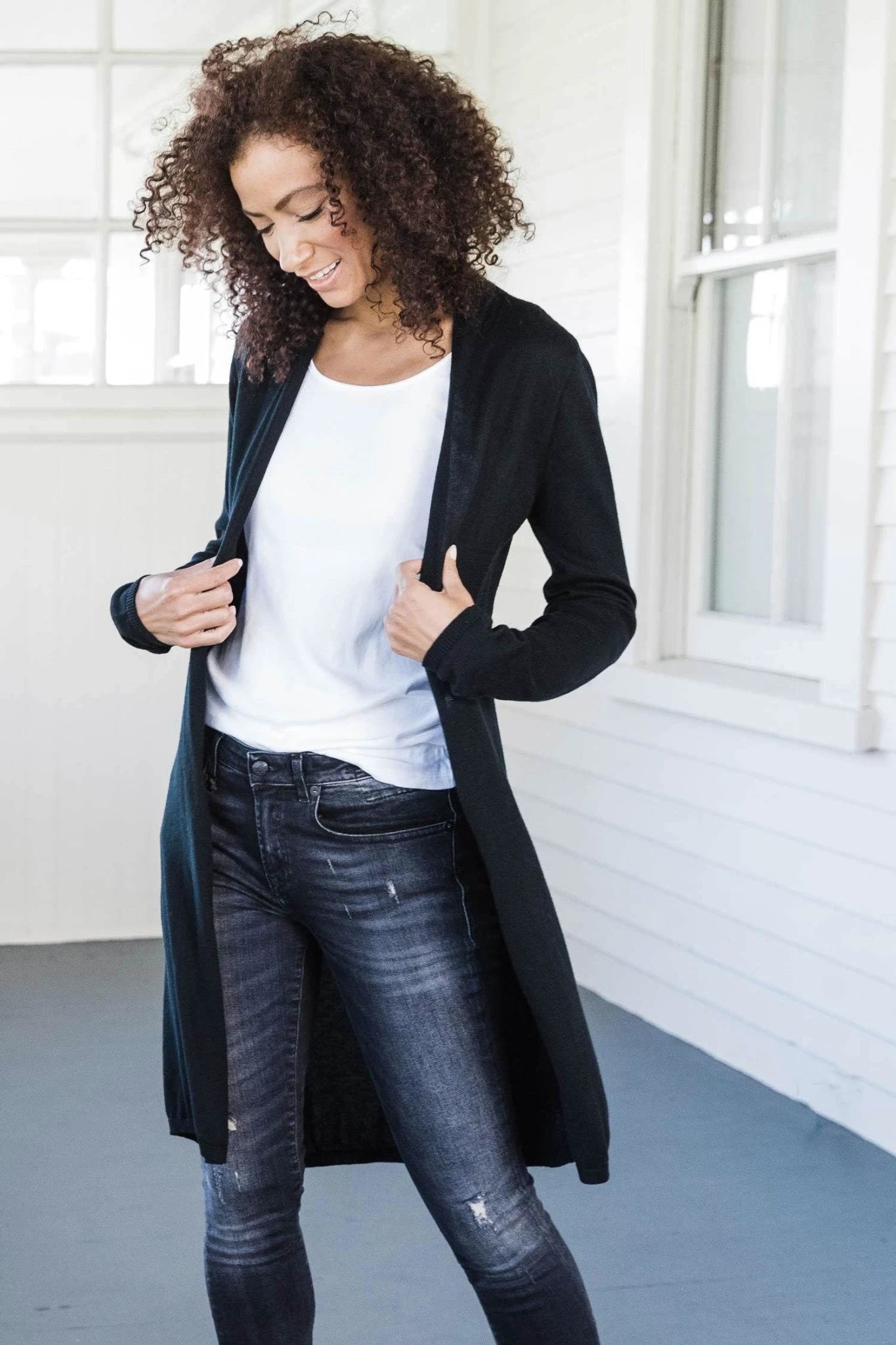 Essential Pima Cotton Knit Cardigan on a Female Model wearing jeans and a white shirt - L'Atelier Global