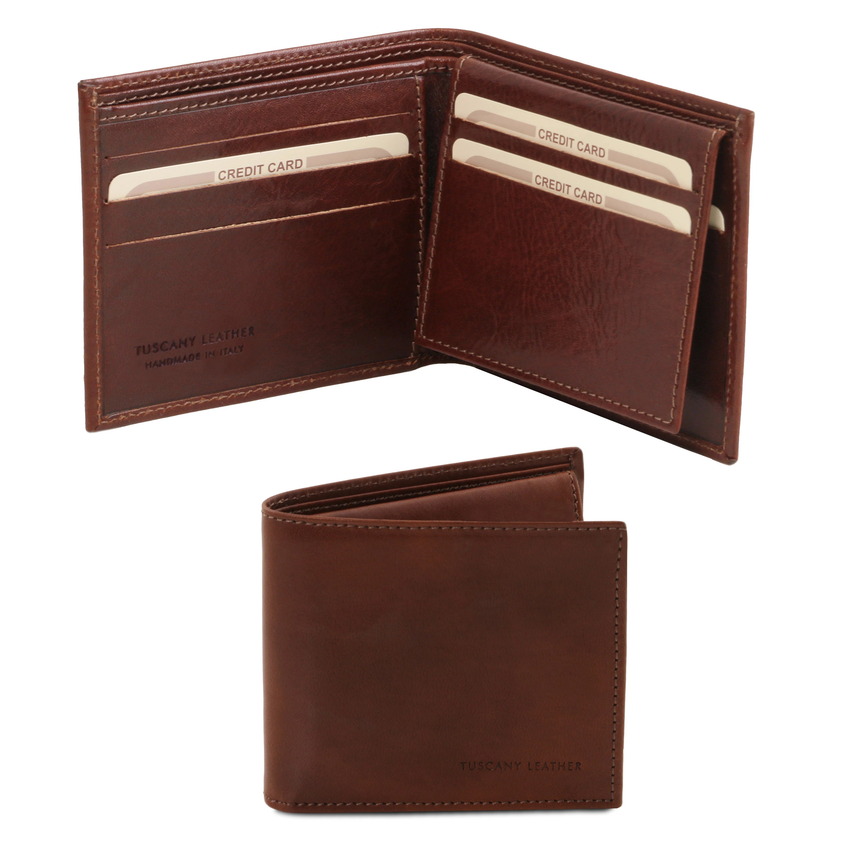 Closed wallet view and opened interior view Exclusive 3 Fold Leather Wallet brown showing the card slots, and bill pouches