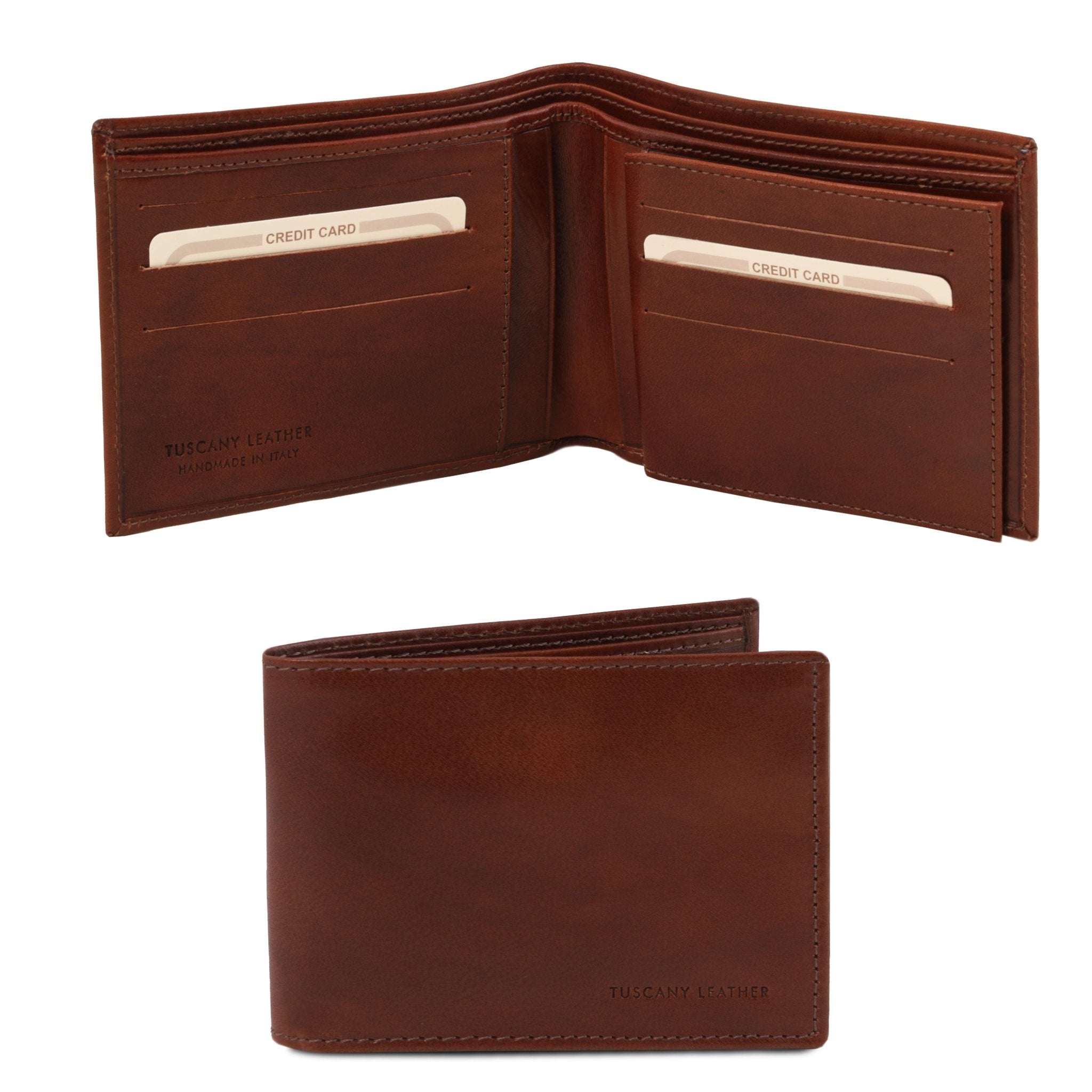 Exclusive 3 Fold Leather Wallet in brown closed and interior view of see-through license pocket, bill pouches, card slots