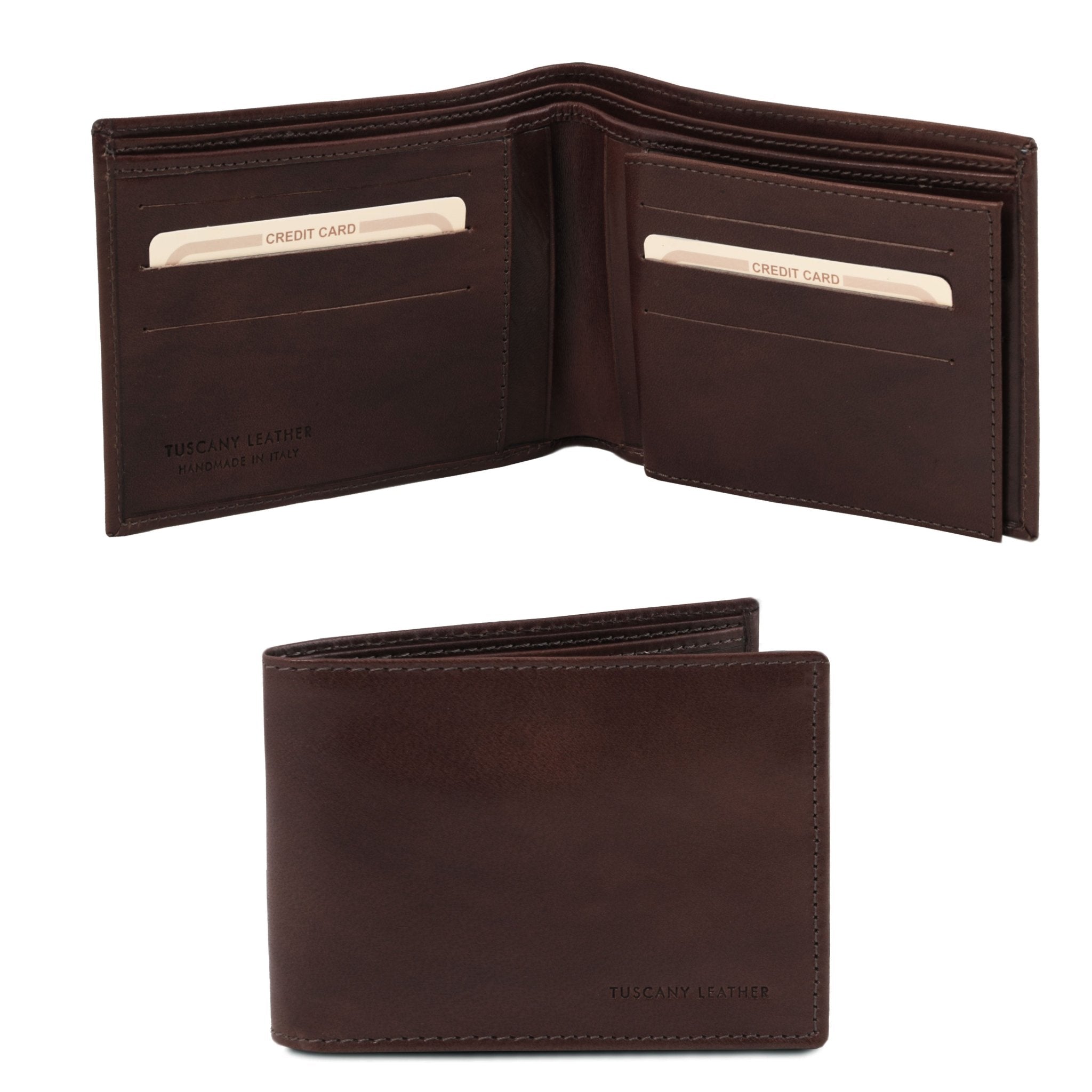 Exclusive 3 Fold Leather Wallet in dark brown closed and interior view see-through license pocket, bill pouches, card slots