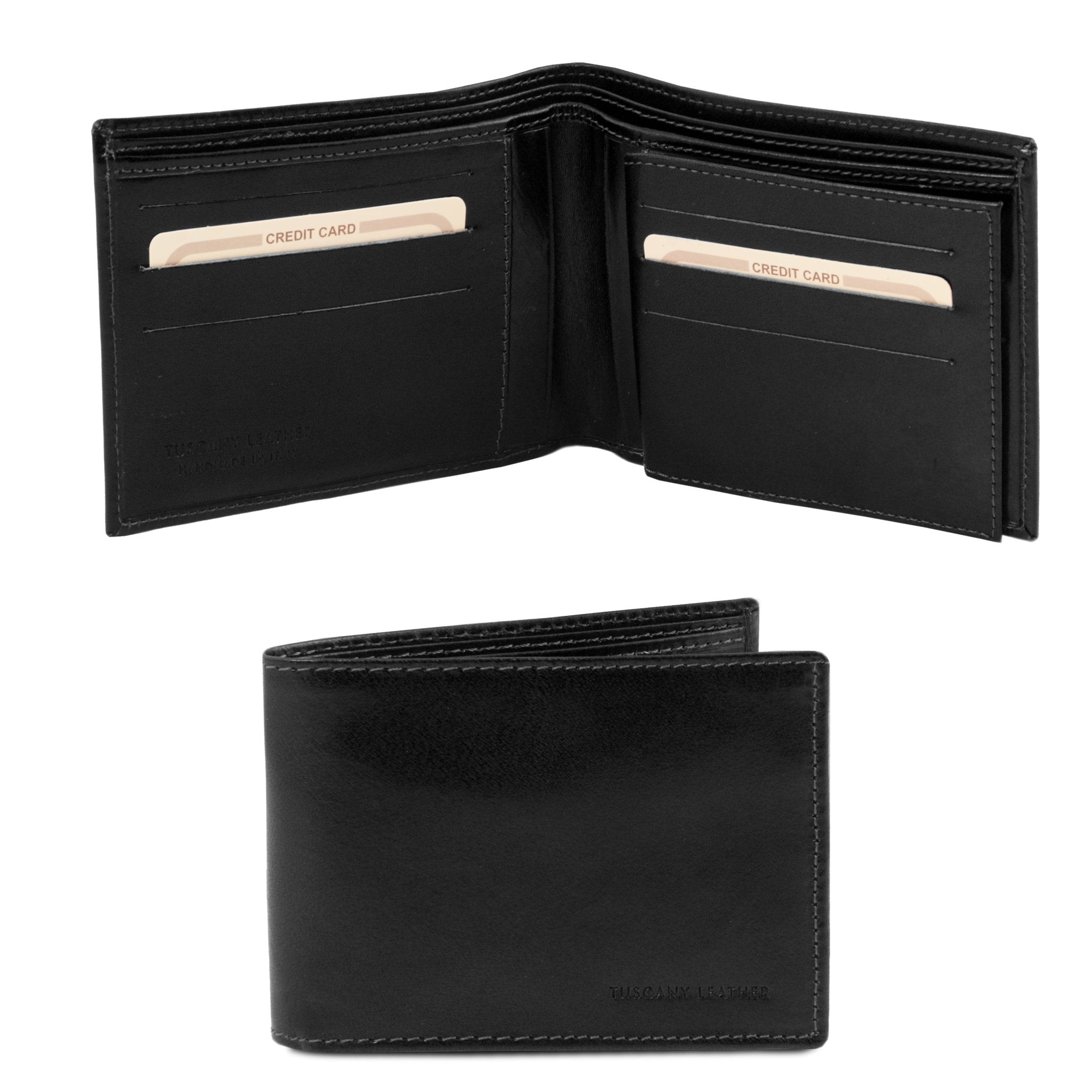 Exclusive 3 Fold Leather Wallet in black closed and interior view see-through license pocket, bill pouches, card slots
