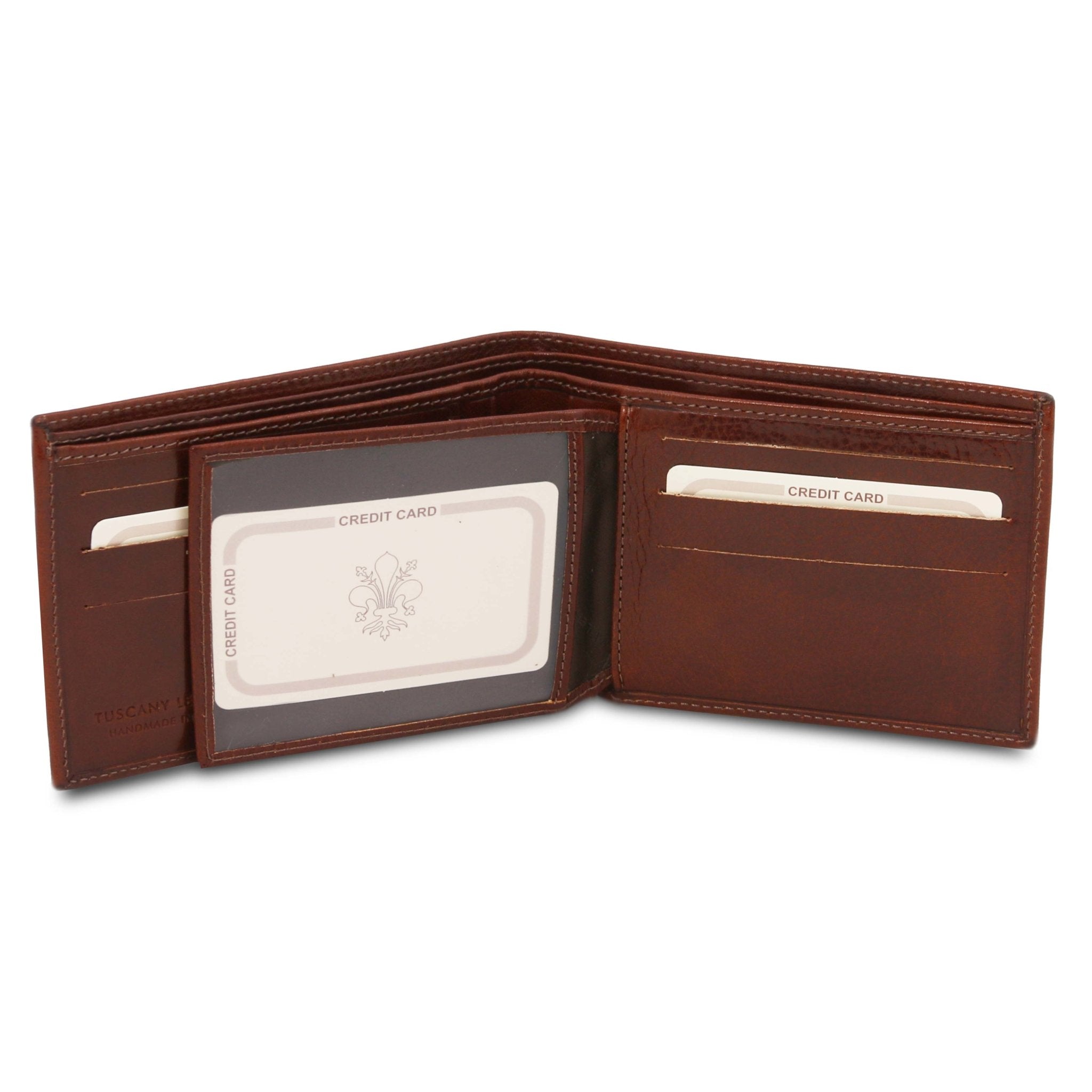 Exclusive 3 Fold Leather Wallet 4 compartments in brown interior view of see-through license pocket, bill pouches, card slots
