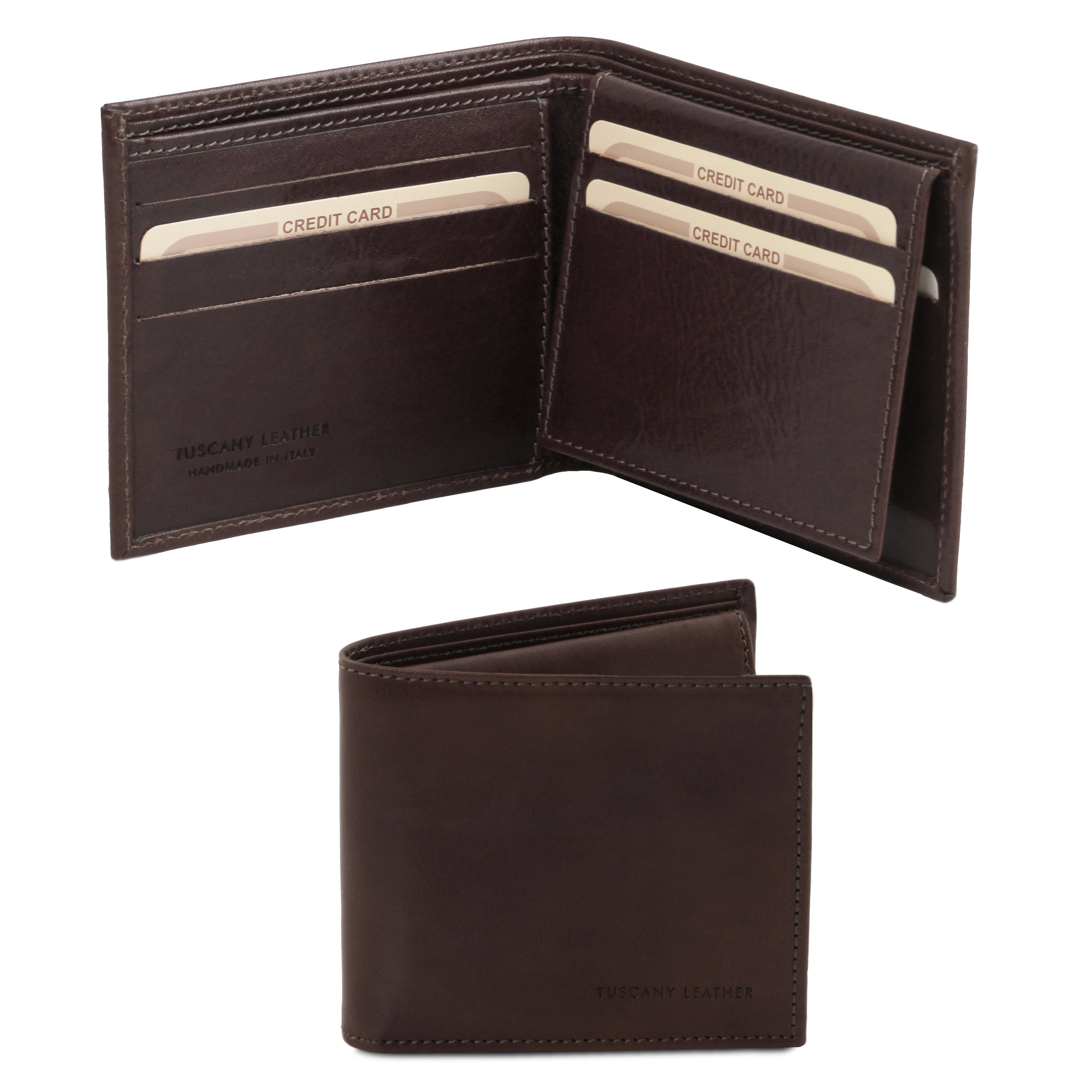 Closed wallet view and opened interior view Exclusive 3 Fold Leather Wallet dark brown showing card slots, and bill pouches