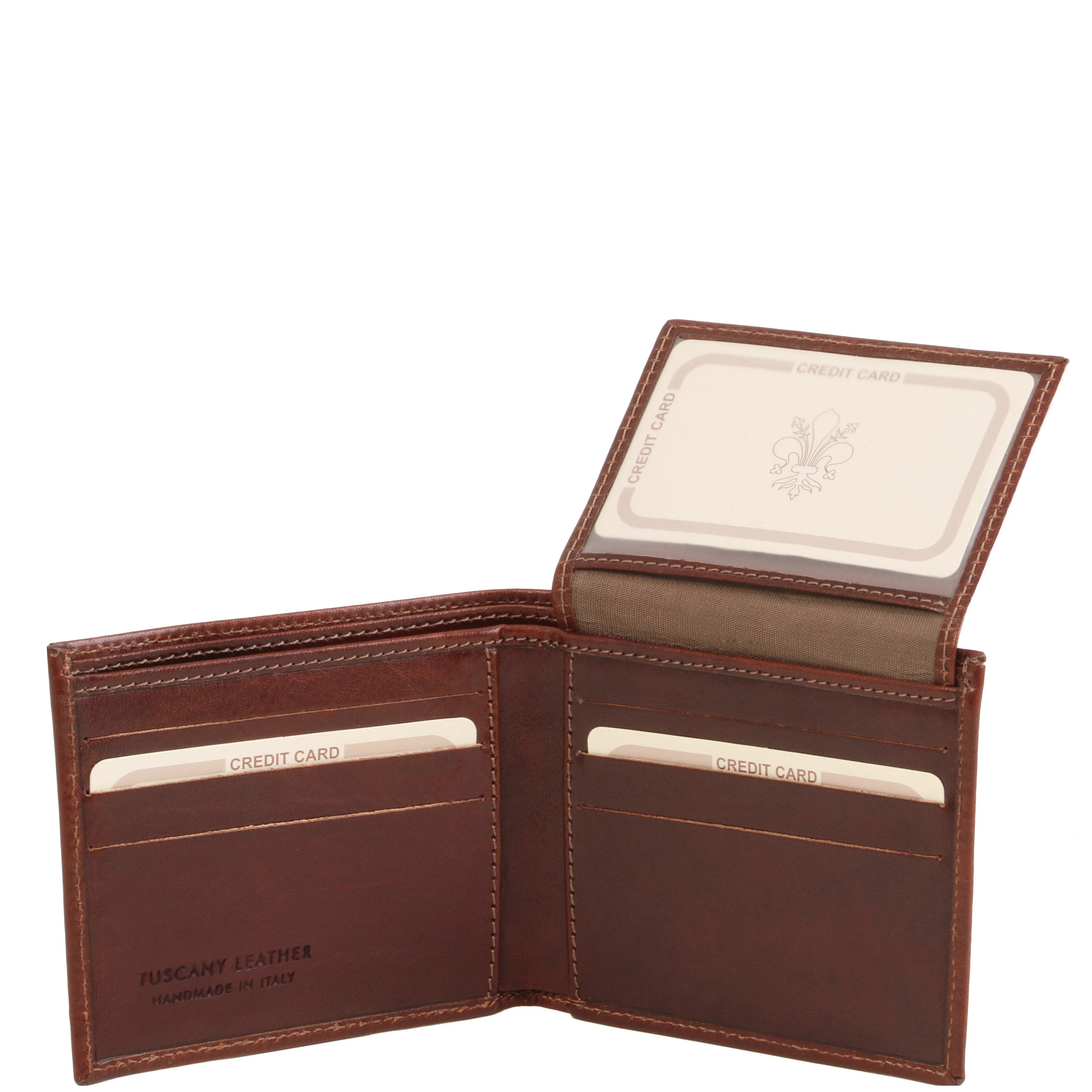 interior view Exclusive 3 Fold Leather Wallet brown showing card slots, see-through drivers license pocket ,bill pouches