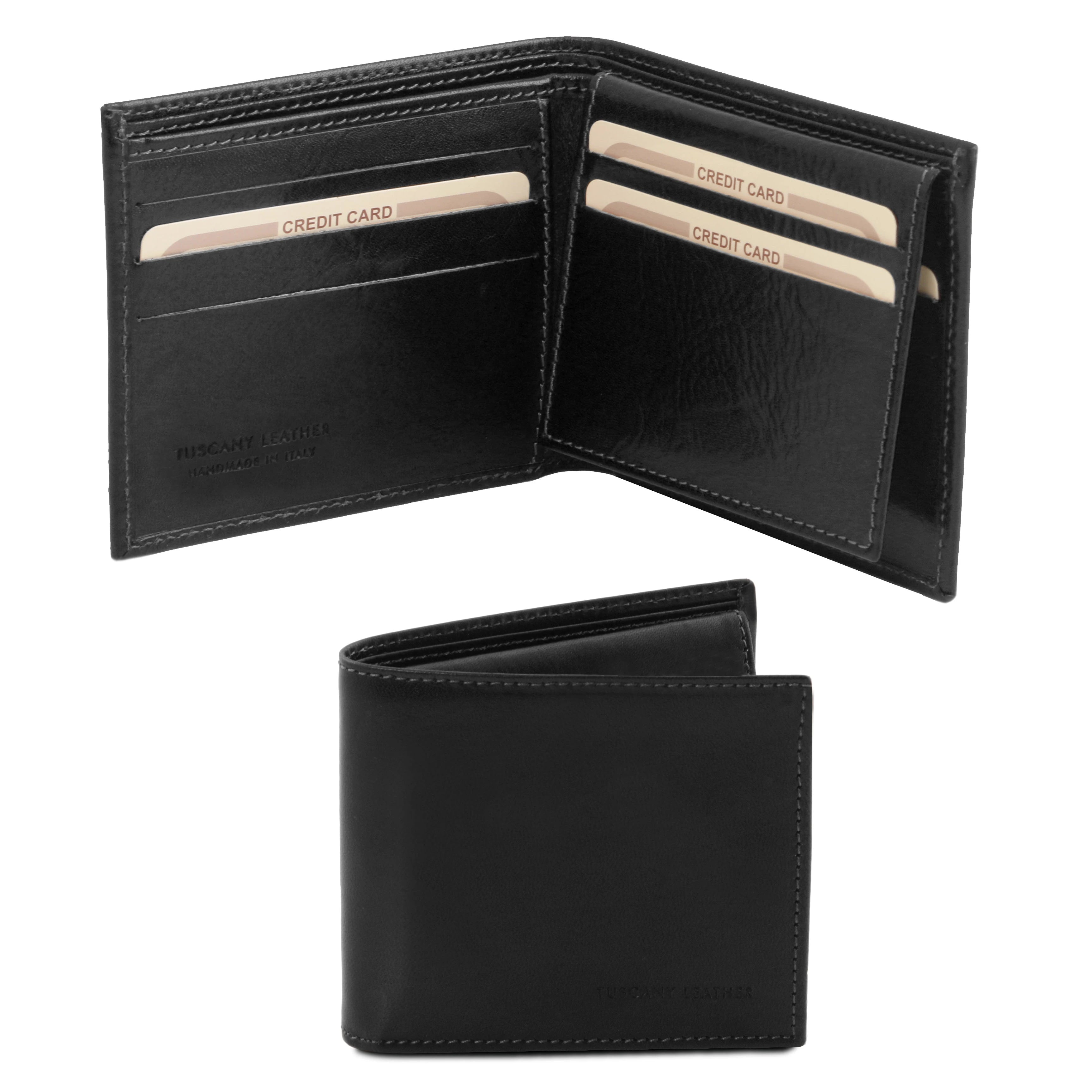 Closed wallet view and opened interior view Exclusive 3 Fold Leather Wallet black showing the card slots, and bill pouches
