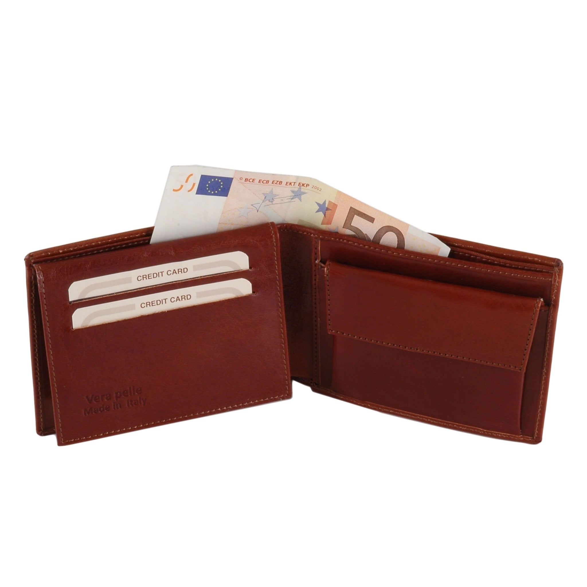 Interior view of the Exclusive 3 Fold Leather Wallet With Coin Pocket in Brown showing coin pocket