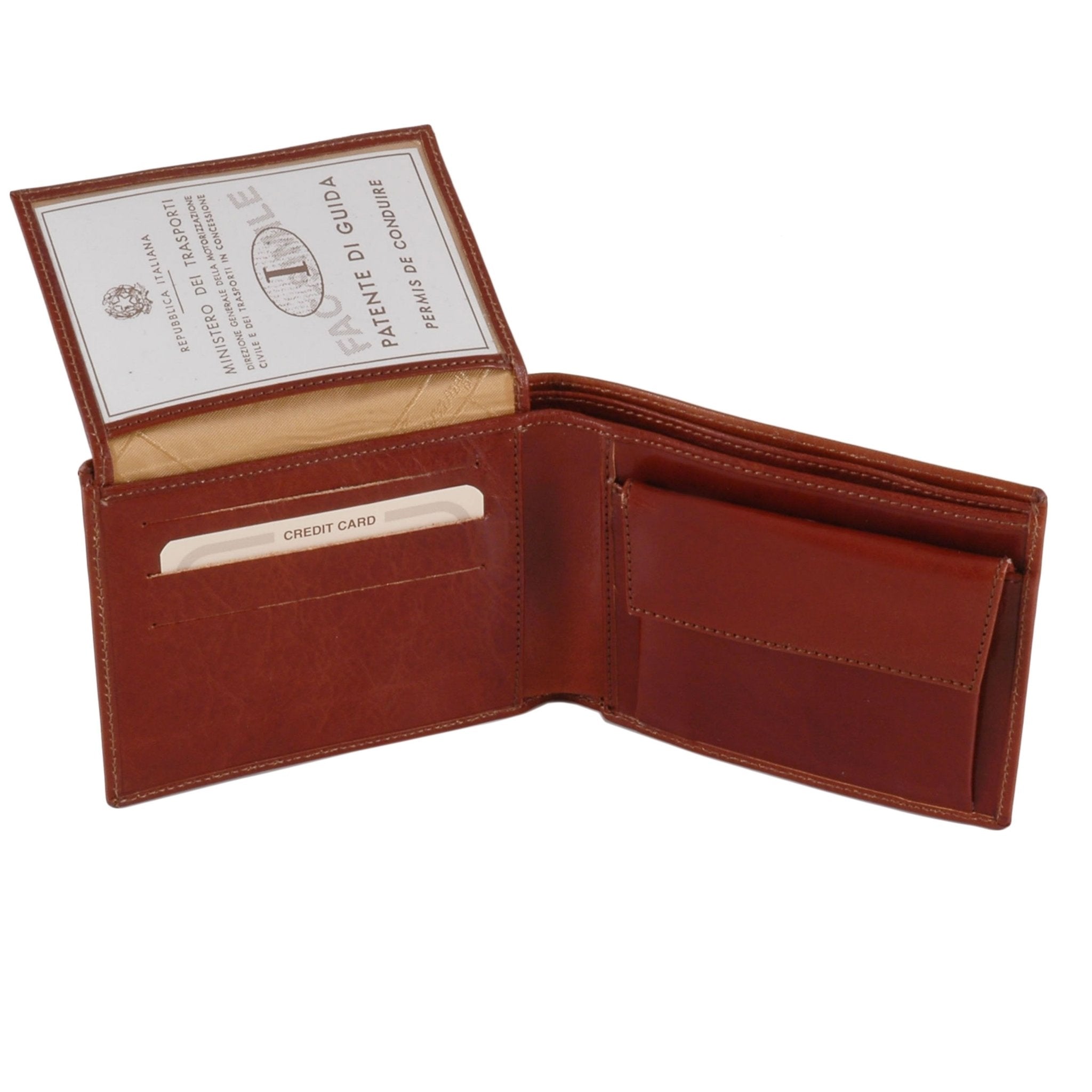 Interior view of the Exclusive 3 Fold Leather Wallet With Coin Pocket in Brown showing coin pocket, card slots and see-through license pocket