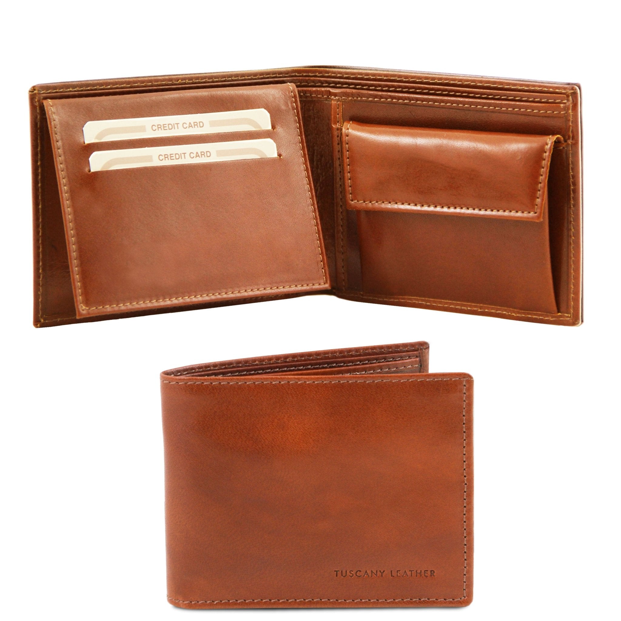Front and interior view of the Exclusive 3 Fold Leather Wallet With Coin Pocket in Honey - L'Atelier Global