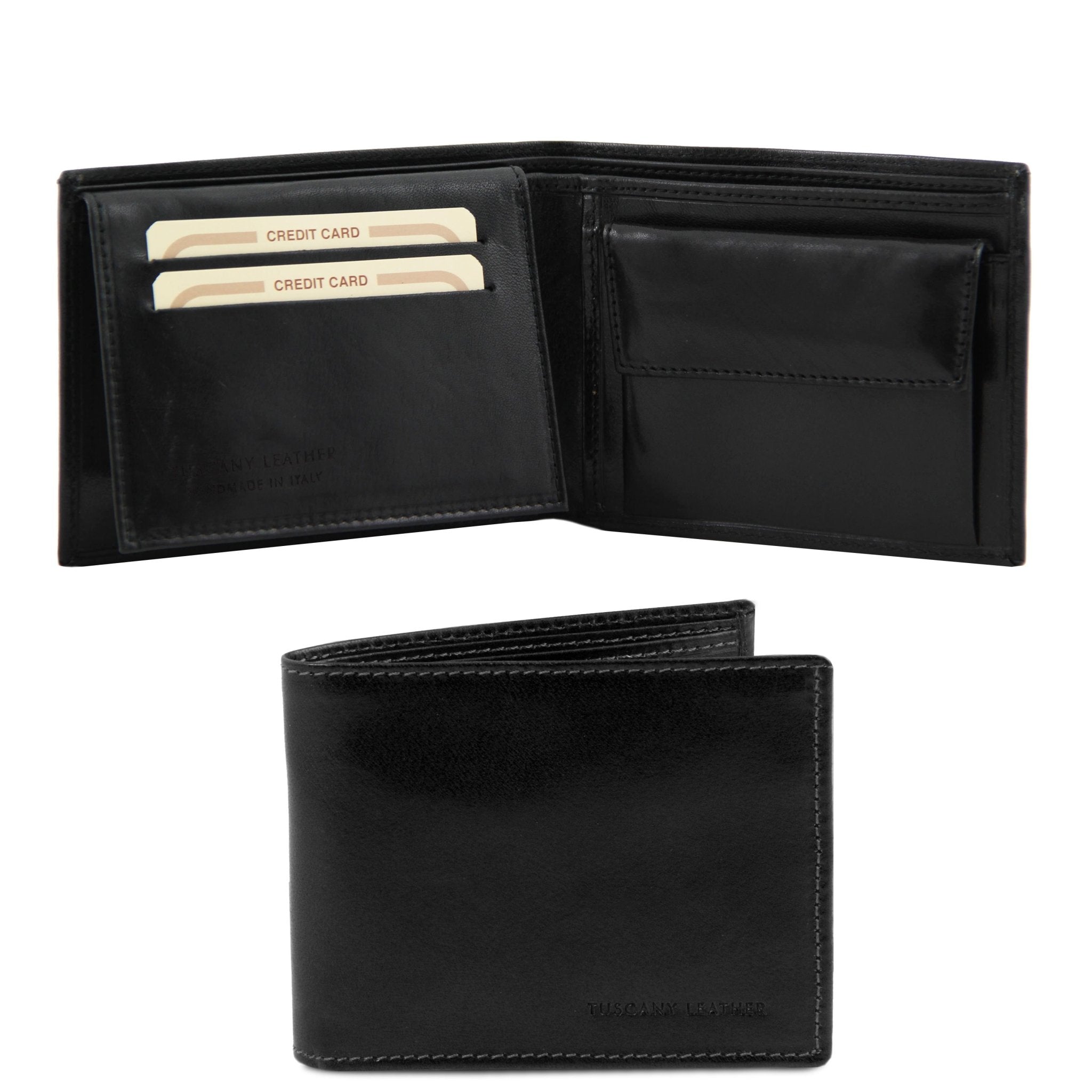 Front and interior view of the Exclusive 3 Fold Leather Wallet With Coin Pocket in Black - L'Atelier Global