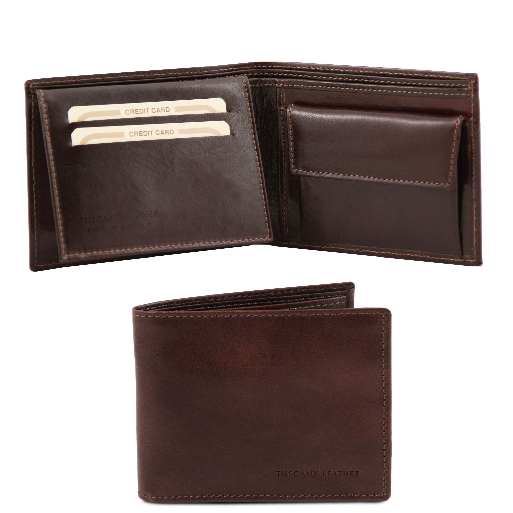 Front and interior view of the Exclusive 3 Fold Leather Wallet With Coin Pocket in Dark Brown