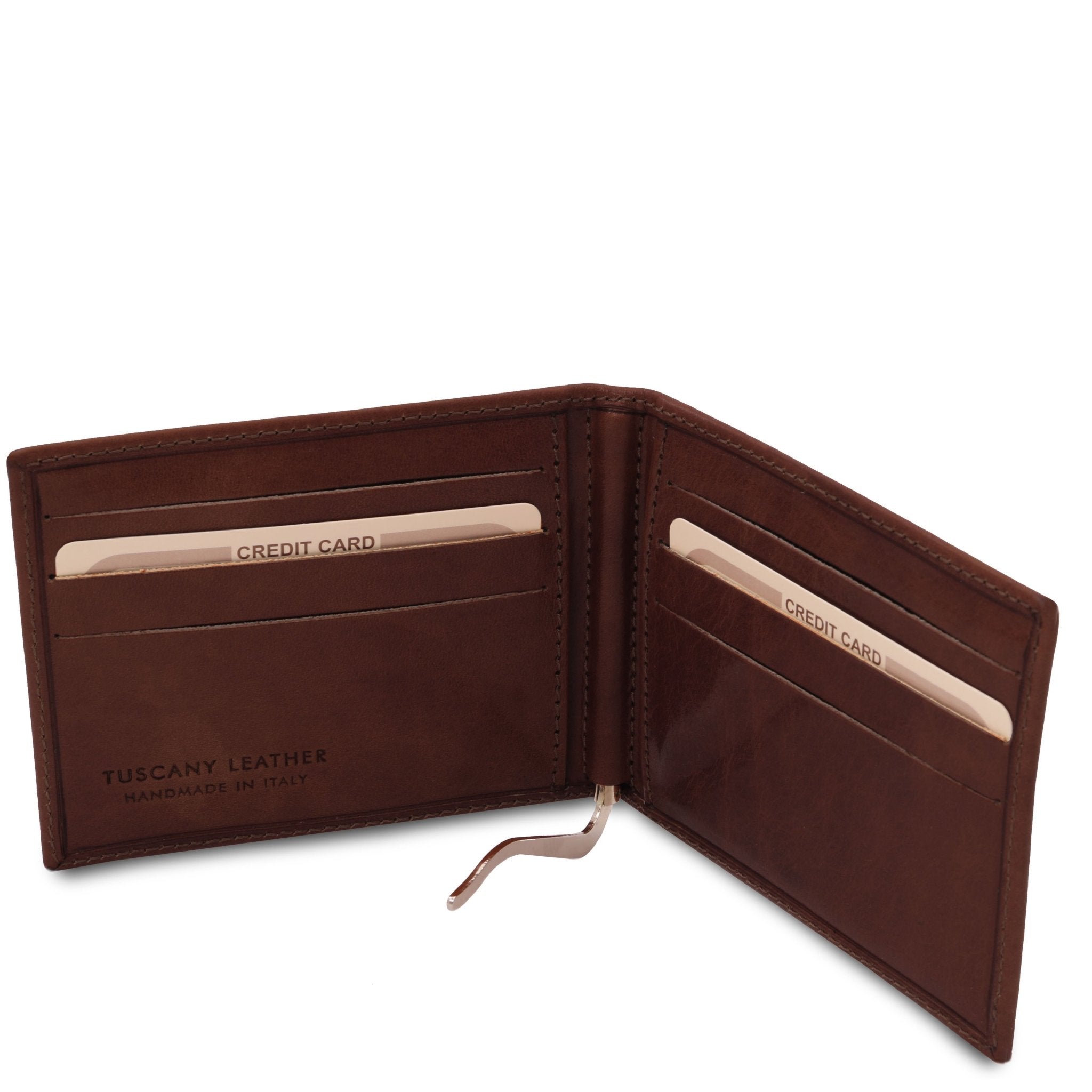 Interior view of the Exclusive Leather Card Holder With Money Clip in Dark Brown on a white background - L'Atelier Global