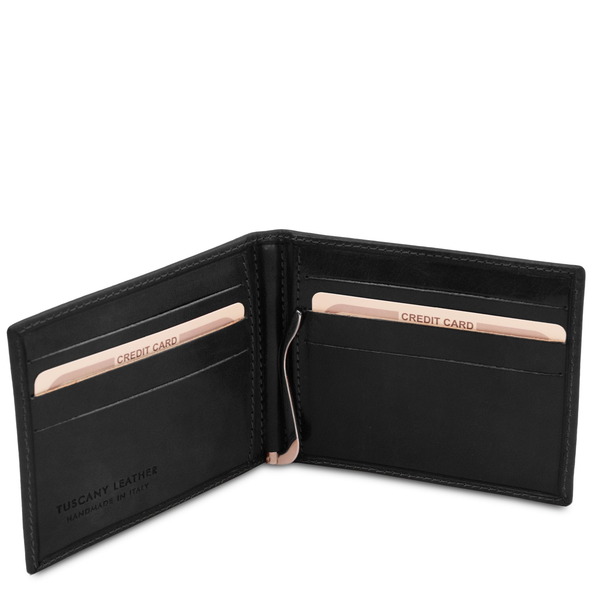 Interior view of the Exclusive Leather Card Holder With Money Clip in Black on a white background - L'Atelier Global