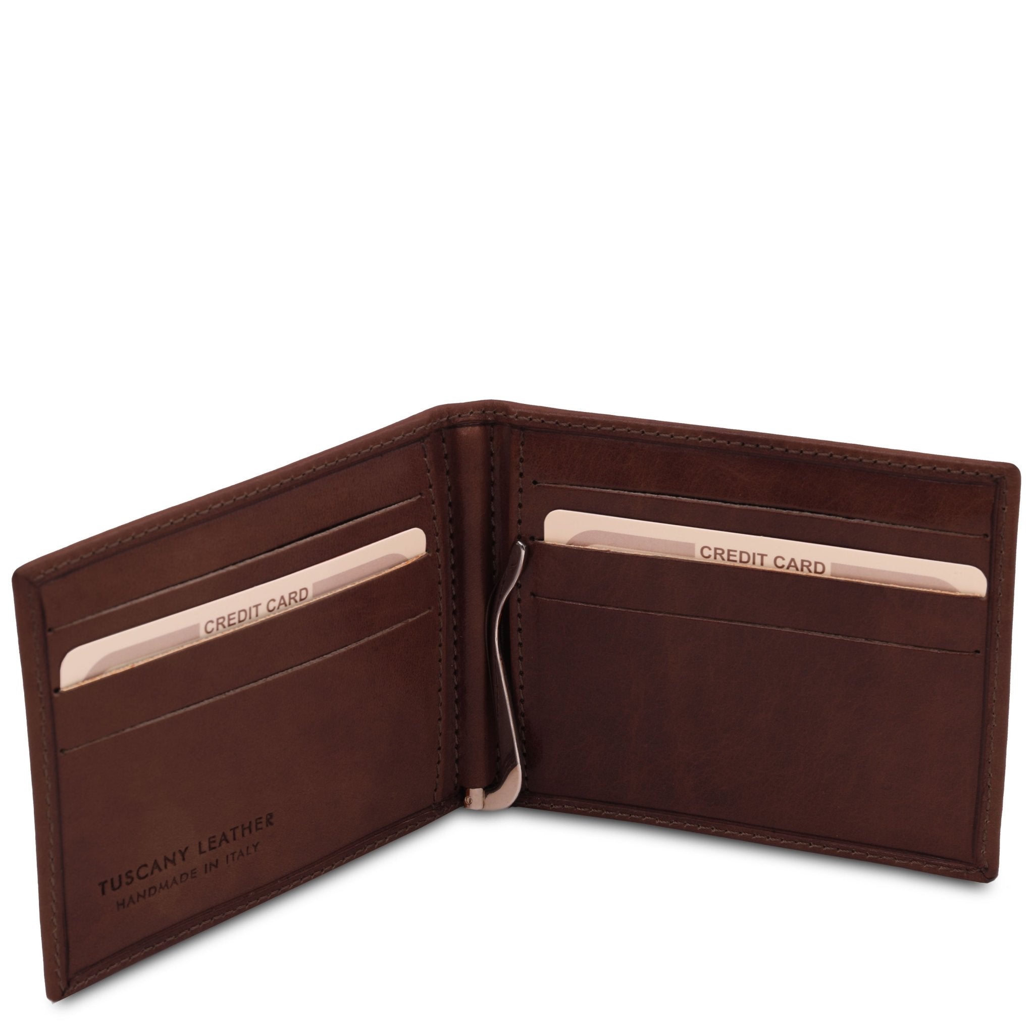 Interior view of the Exclusive Leather Card Holder With Money Clip in Dark Brown on a white background - L'Atelier Global